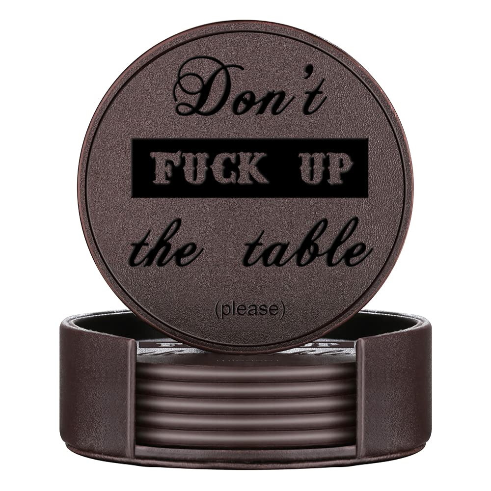 Funny Leather Coasters Set of 6 with Holder - Brown Thipoten Coasters for Drinks, Protect Furniture from Water Marks & Scratches - Perfect for Home, Office, Bar or Party Use