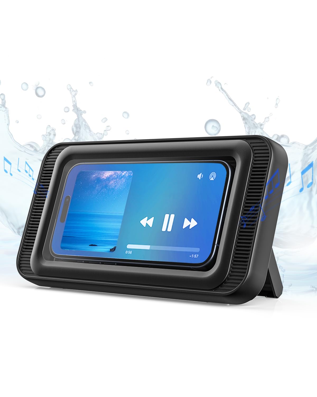 **Waterproof Shower Phone Holder with Speaker - Universal Mount for Bathroom, Bathtub, Kitchen & Wall Mirror - Fits Smartphones up to 7 Inches - 100% Waterproof & Hands-Free (Black) - Perfect for Showering, Cooking & Video Calls**