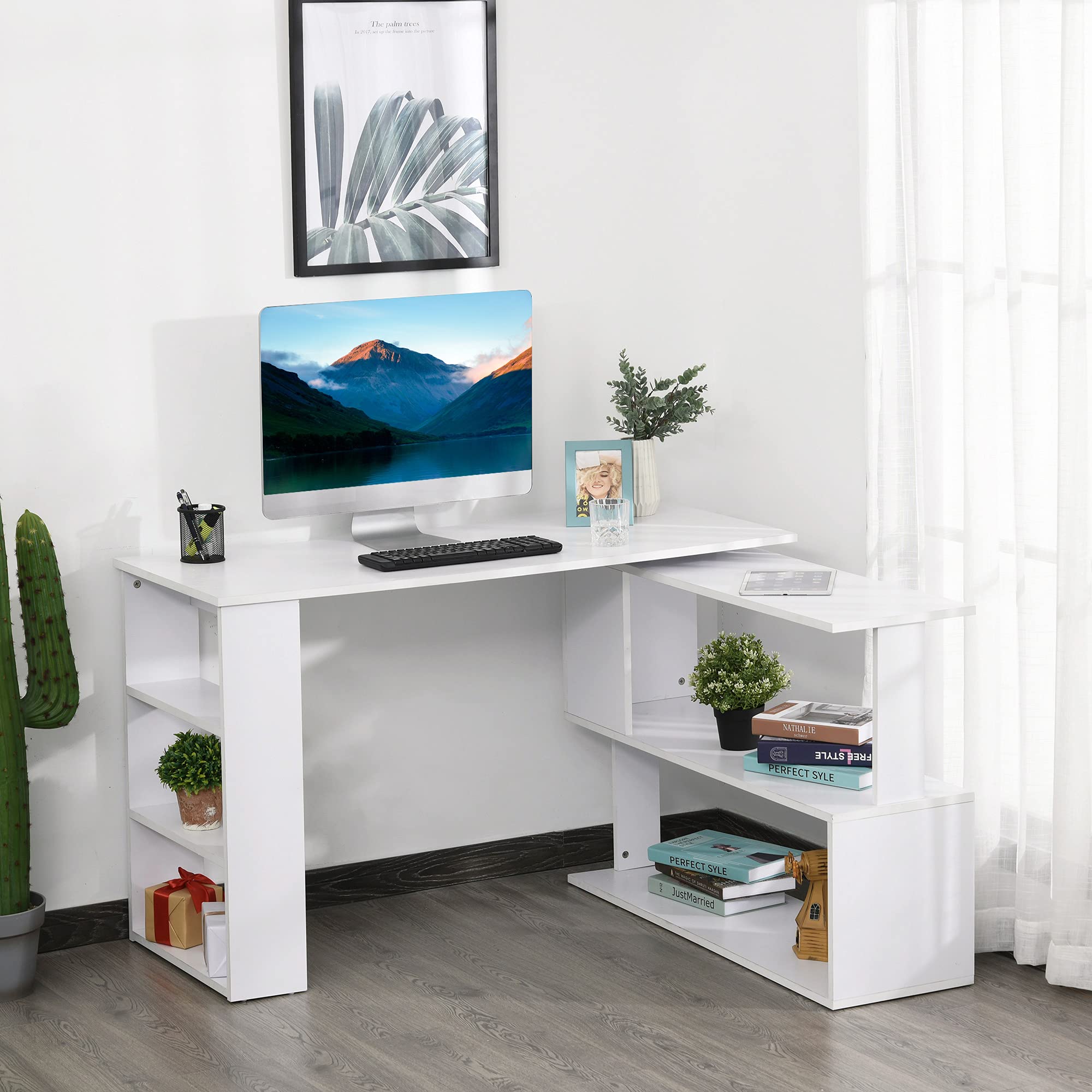 HOMCOM L-Shaped Corner Computer Desk with 360° Rotating Design & Storage Shelves - White Home Office Desk for Small Spaces, Writing Workstation | Perfect for Gaming, Study & Remote Work