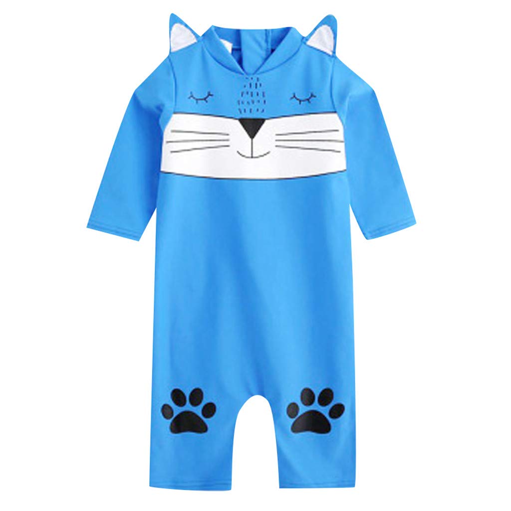 Toddler Girls Cute Cartoon Cat Print Long Sleeve One Piece Swimsuit Rash Guard UV Protection Bathing Suit for Beach, Pool & Summer Fun