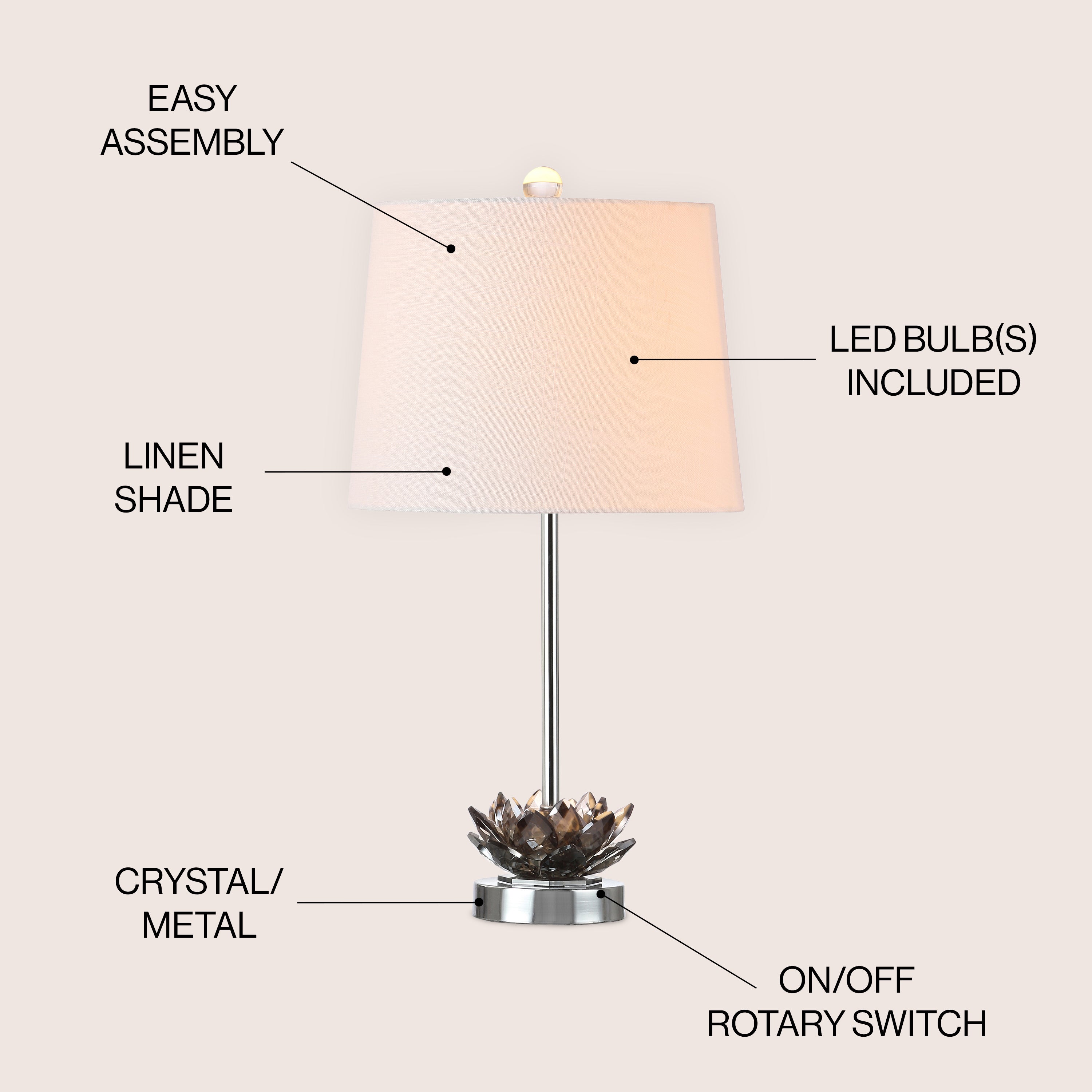 Amelia Lotus 25 Crystal LED Table Lamp - Modern Bedside Night Light for Bedroom, Living Room & Office Decor - Dimmable Touch Control with Warm White Light
