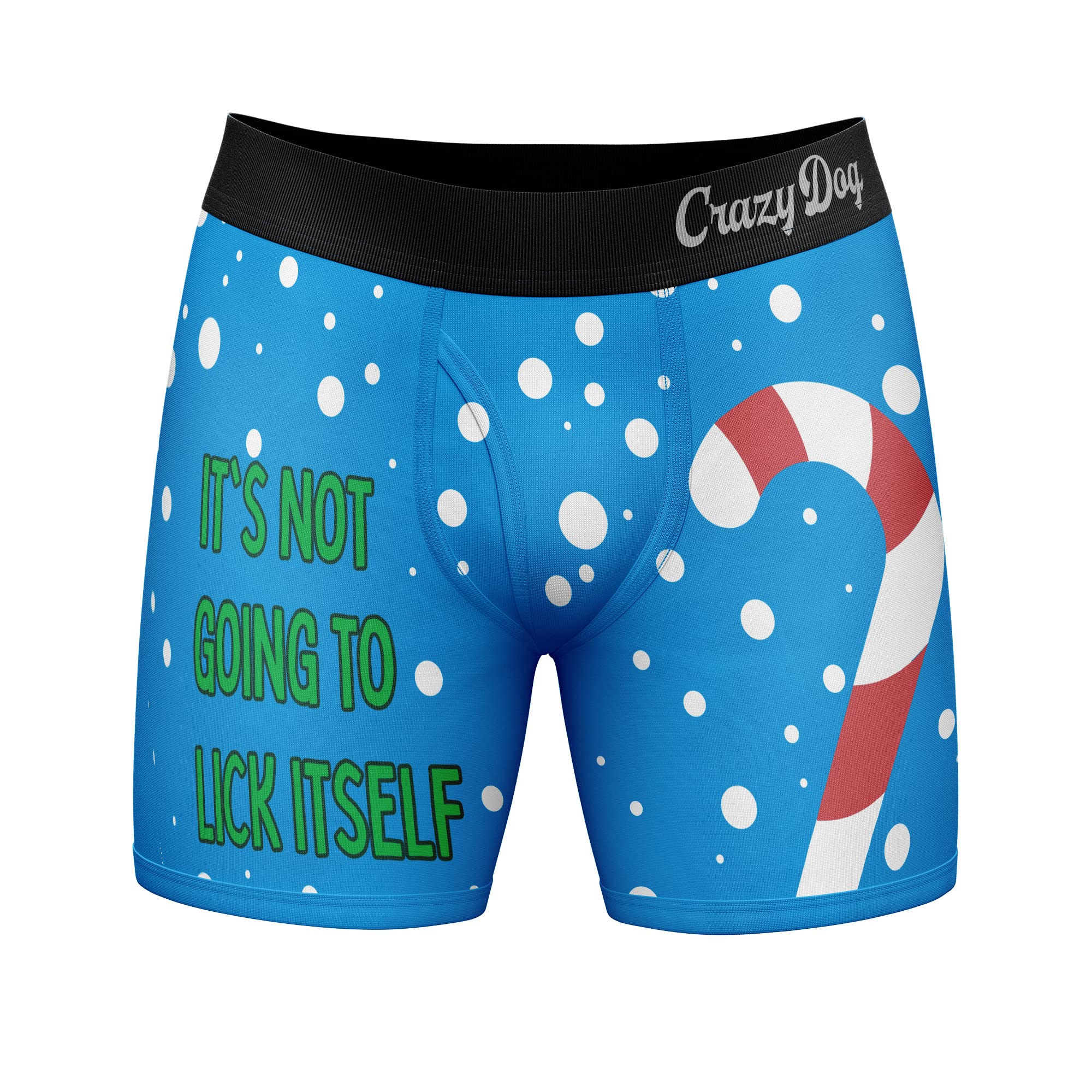 Funny Men's Boxer Shorts - Crazy Dog T-Shits 'It's Not Going To Lick Itself' Sarcastic Christmas Underwear with Candy Cane Print | Perfect Gift for Holidays, White Elephant Parties & Humor Lovers