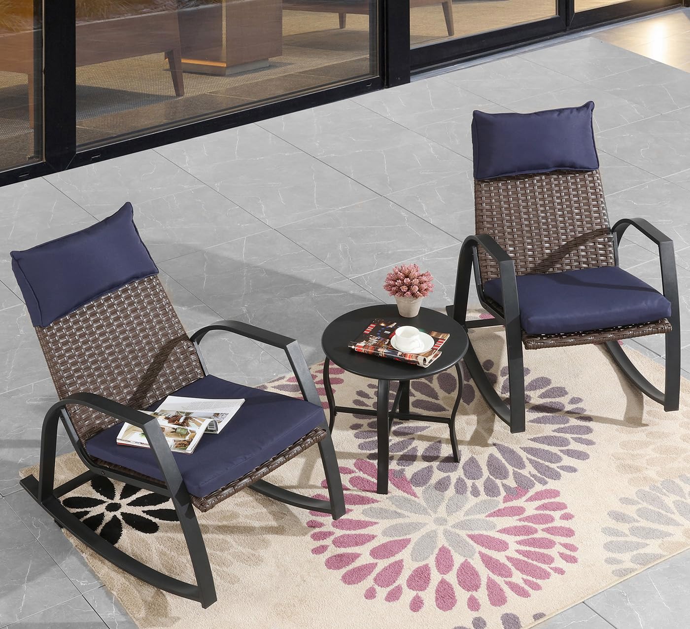 3-Piece Wicker Rocking Bistro Set with Coffee Table - Outdoor Patio Furniture for Porch, Balcony, Garden & Backyard - Blue Conversation Seating for Relaxing & Entertaining Guests
