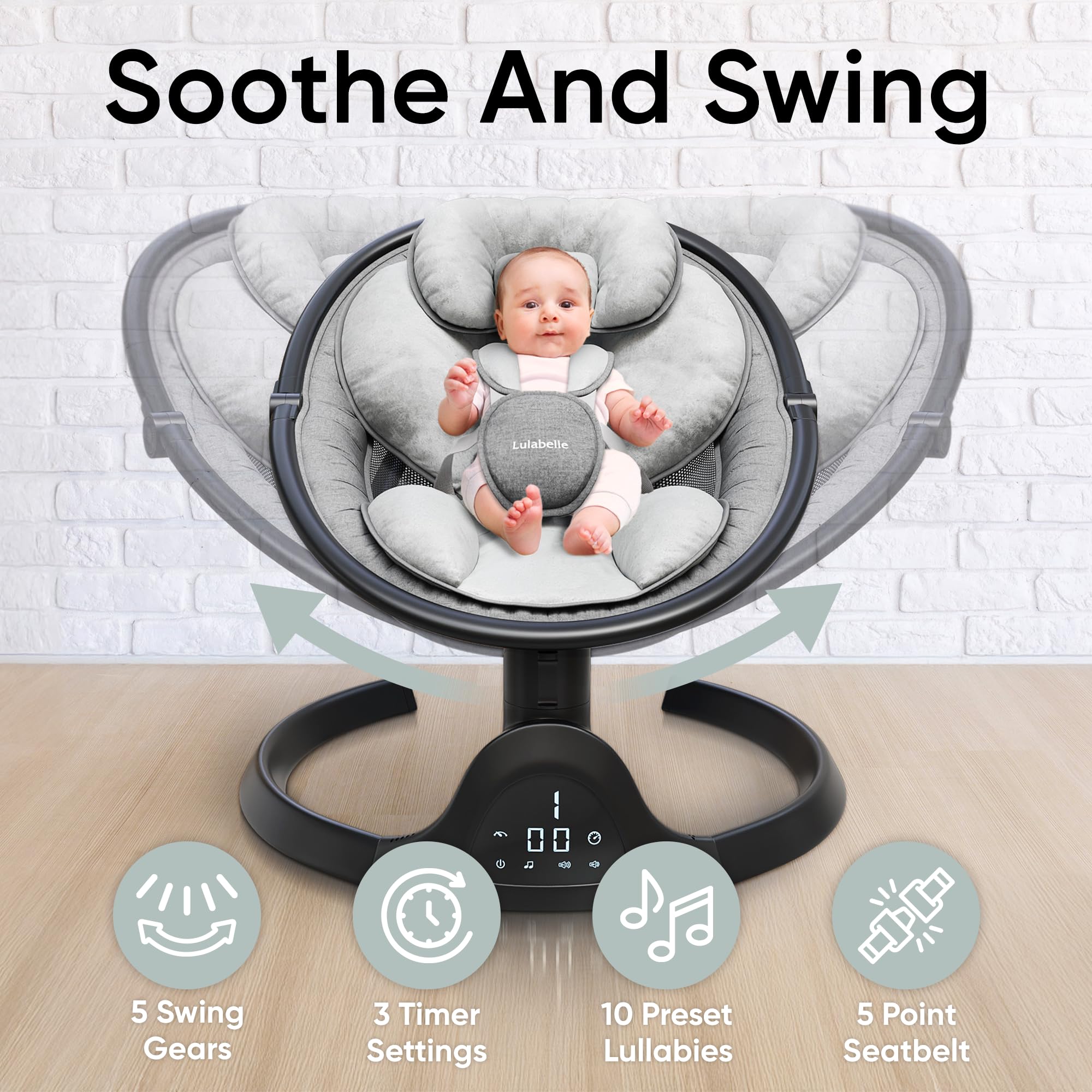 Smart Automatic Baby Swing for Newborn to 12 Months - Adjustable Height, 5 Swing Modes & Soothing Lullabies - Perfect for Nursery, Daycare or Travel - Ideal Infant Rocker for Boys & Girls (IMD Panel, Stationary Design)