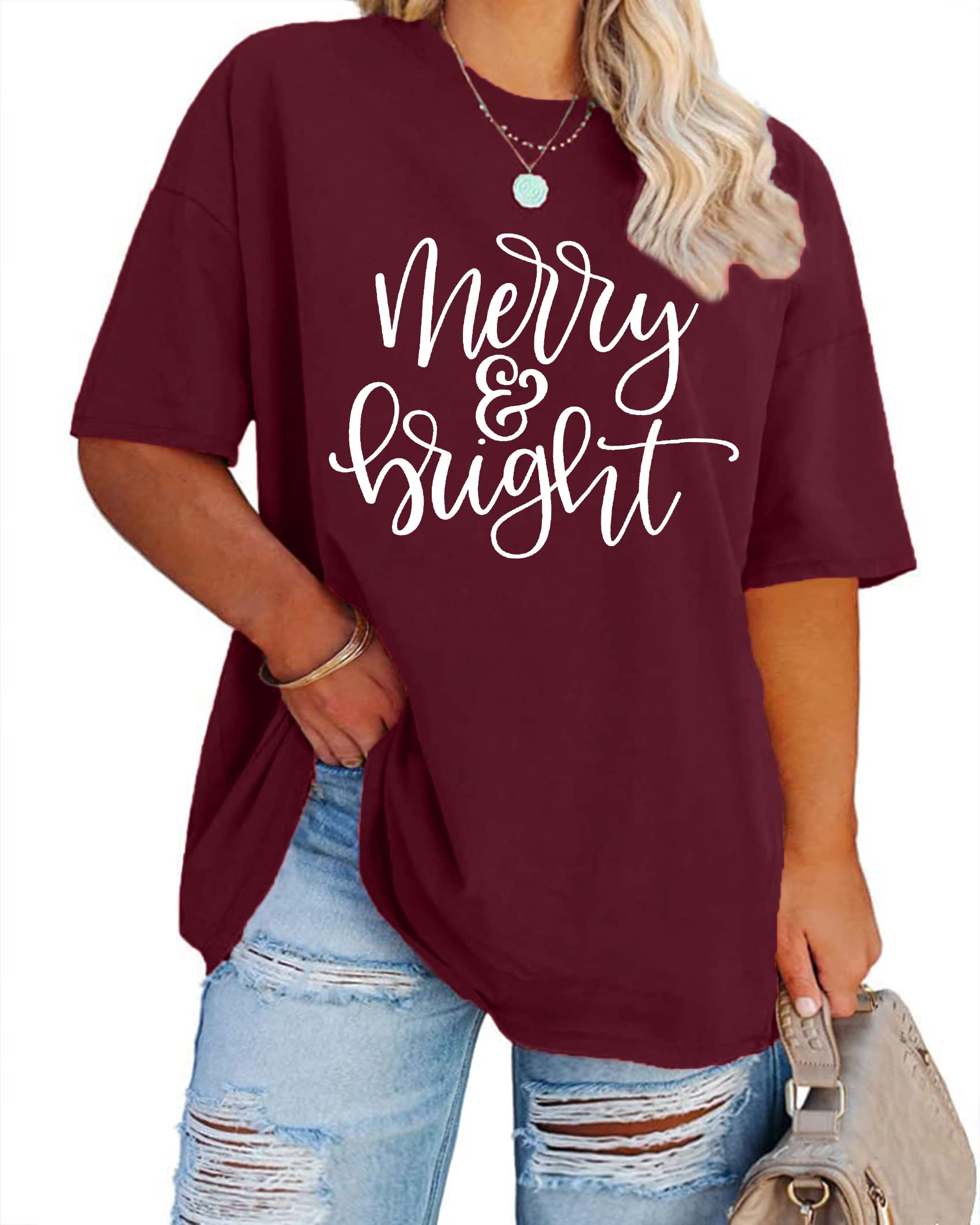 Merry and Bright Christmas Plus Size Shirt for Women - Oversized Holiday Tee with Festive Design - Perfect for Xmas Parties, Family Gatherings & Winter Festivities