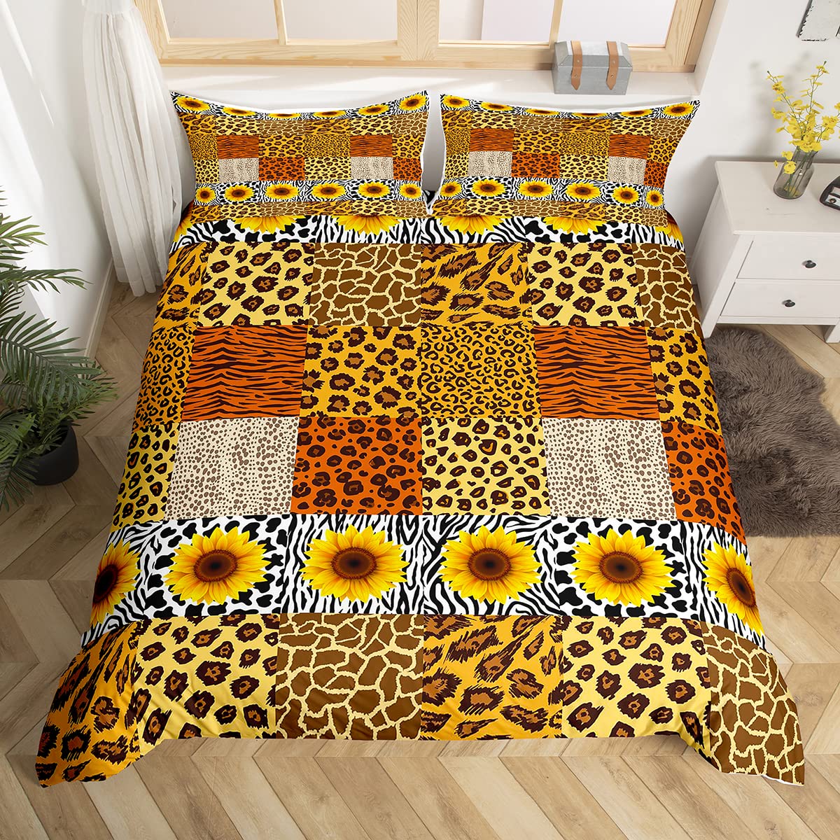 Manfei Leopard Print Twin Size Bedding Set - Sunflower Duvet Cover with Wild Animal Theme for Kids (Boys & Girls) - Zebra Skin Pattern 2-Piece Quilt Cover Set - Perfect for Jungle-Themed Bedrooms & Kids' Room Decor
