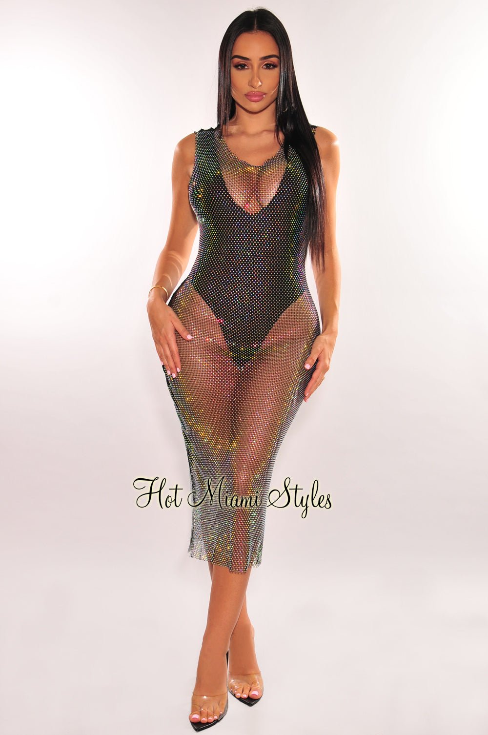 Black Iridescent Rhinestone Fishnet Sleeveless Bodysuit Maxi Two Piece Set - Sexy Evening Outfit for Club, Party & Special Occasions