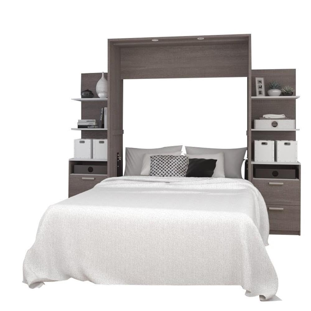 Atlin Designs Wood Full Murphy Bed with Nightstand in Bark Gray/White - Space Saving Wall Bed for Small Apartments, Guest Rooms & Home Offices