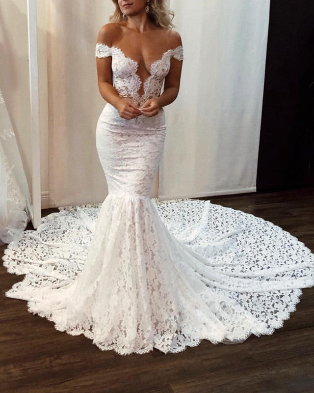 Boho Lace Wedding Dress with Sweep Train | Off-Shoulder Mermaid Gown for Beach, Garden & Destination Weddings | Elegant Bridal Gown for Boho Chic Bride