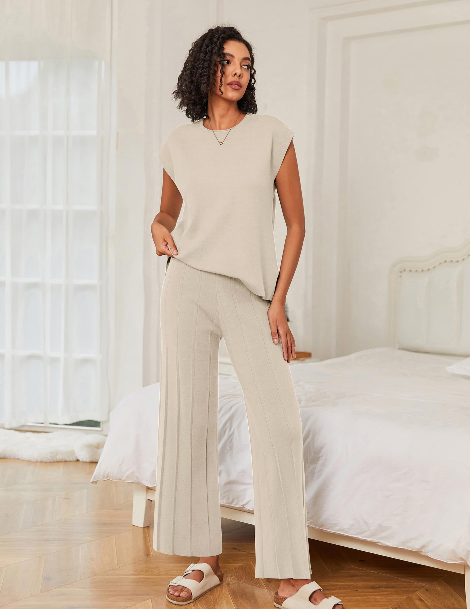Ekouaer Women's Lounge Sets - Soft Knit Cap Sleeve Tops & Wide Leg Pleated Pants Outfits | Casual & Dressy Two-Piece Sweater Sets for Home, Office & Weekend Wear