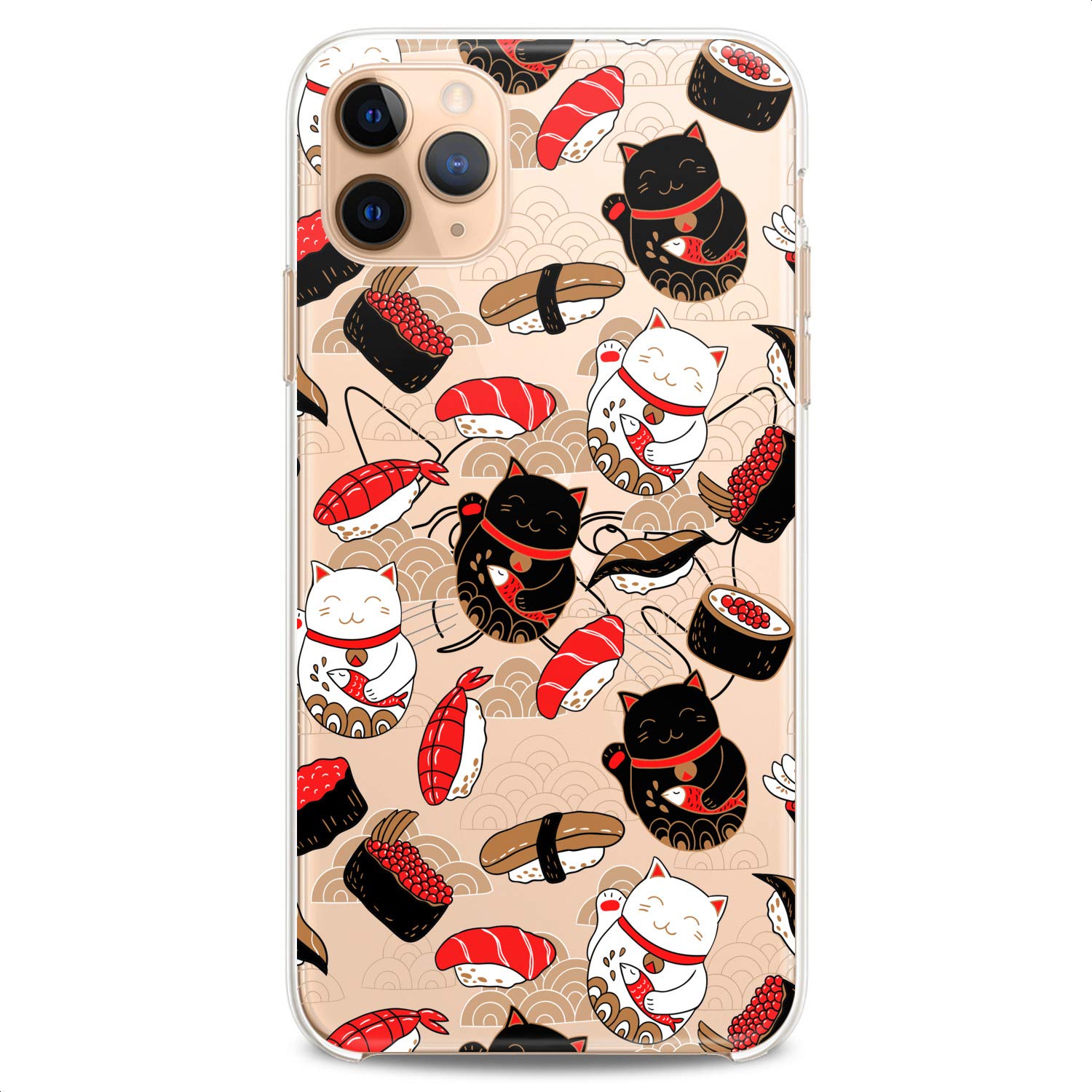 Premium TPU Phone Case for iPhone 16/15/14/13/12/11 Pro Max/Plus/Mini/XS/XR/X/8/7/6/5/SE - Clear Japanese Sushi Kawaii Design with Cute Fish & Cat Prints - Slim Flexible Silicone Protective Cover - Perfect for Everyday Use, Work & Travel