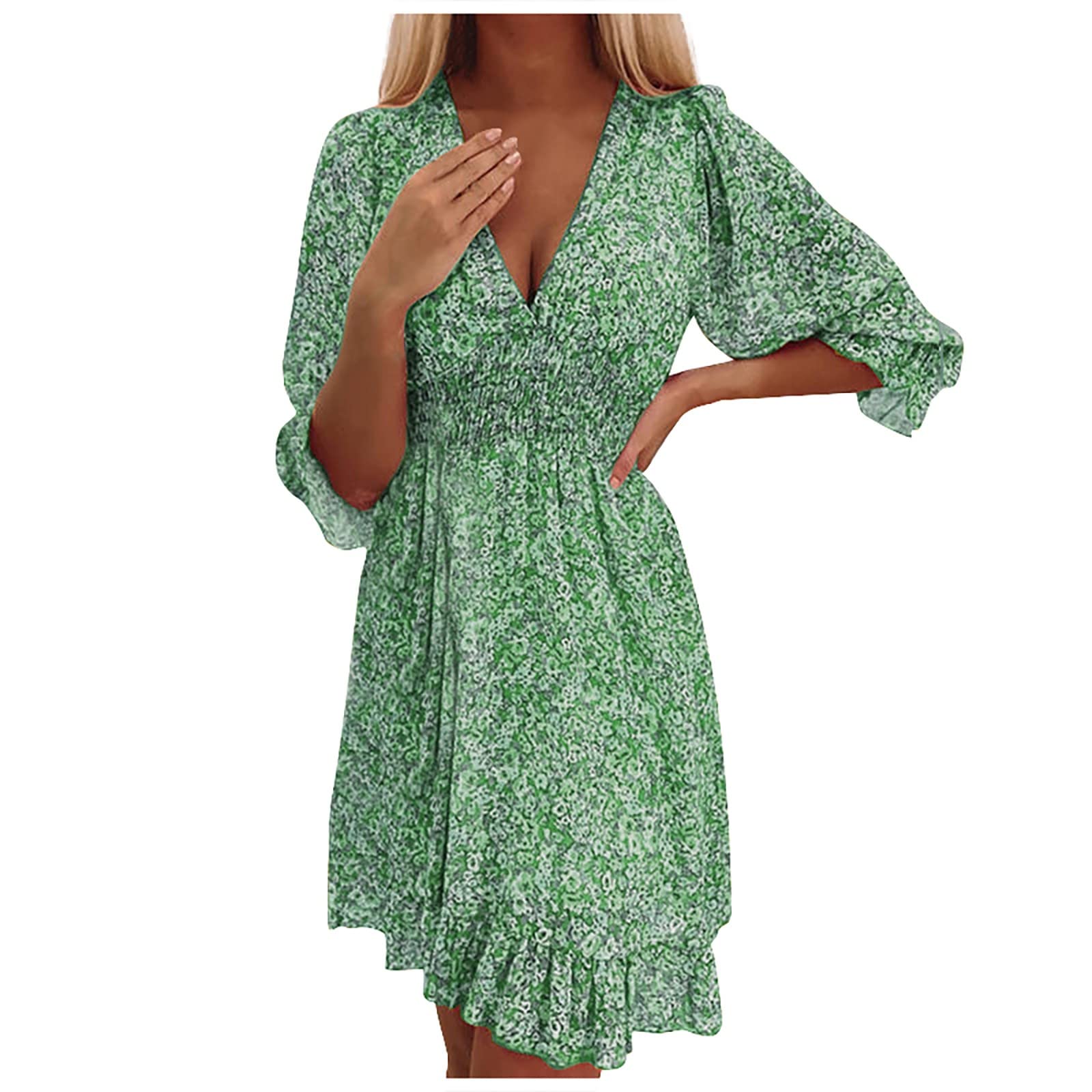 Women's High Waist Summer Dress with 3/4 Sleeves & V-Neck Floral Print - Casual Mini Beach Dress for Vacation, Party & Outdoor Activities