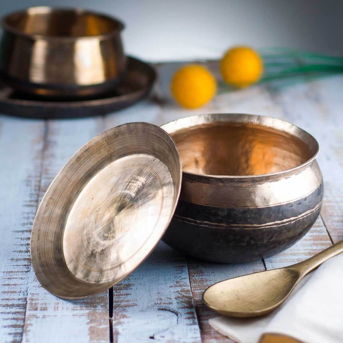 Premium Kansa Bronze Serving Bowl with Lid and Ladle - Large Handcrafted Indian Utensil for Rice, Curry, Soup - Perfect for Dining, Entertaining & Traditional Meals