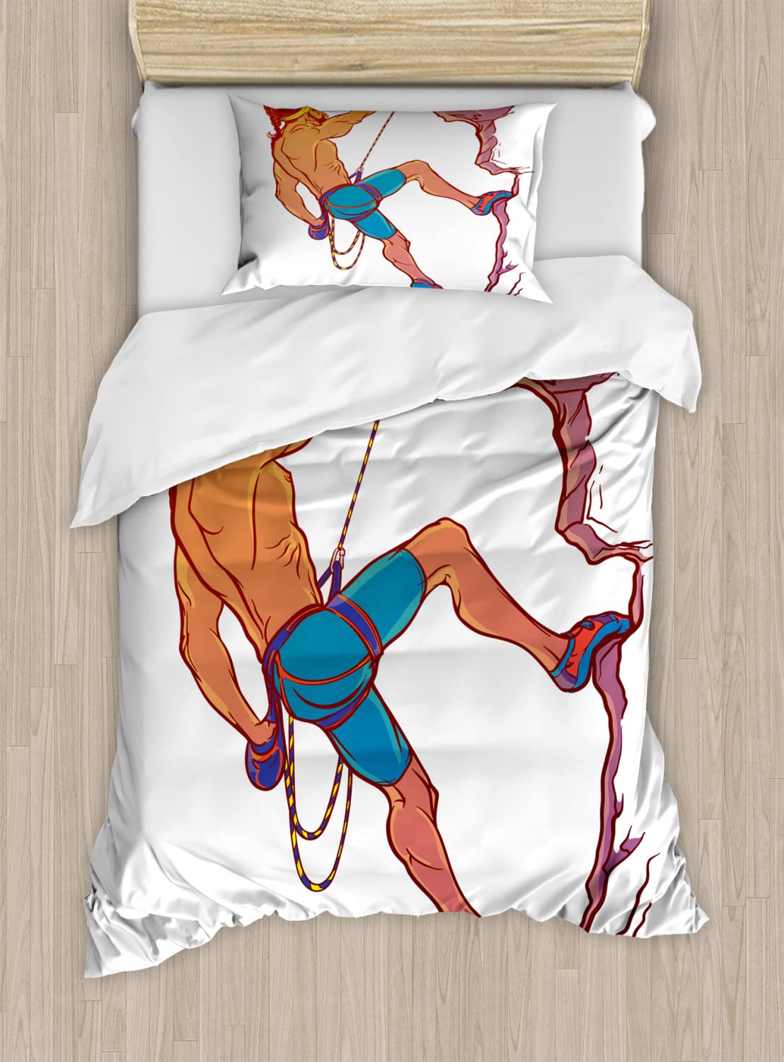 Ambesonne Indie Duvet Cover Set - Athletic Rock Climbing Mountain Adventure Design, 2-Pack Twin Size Bedding Set with 2 Duvet Covers & 2 Pillowcases, Blue Mauve Ginger - Perfect for Adventure Lovers' Bedrooms & Dorm Rooms