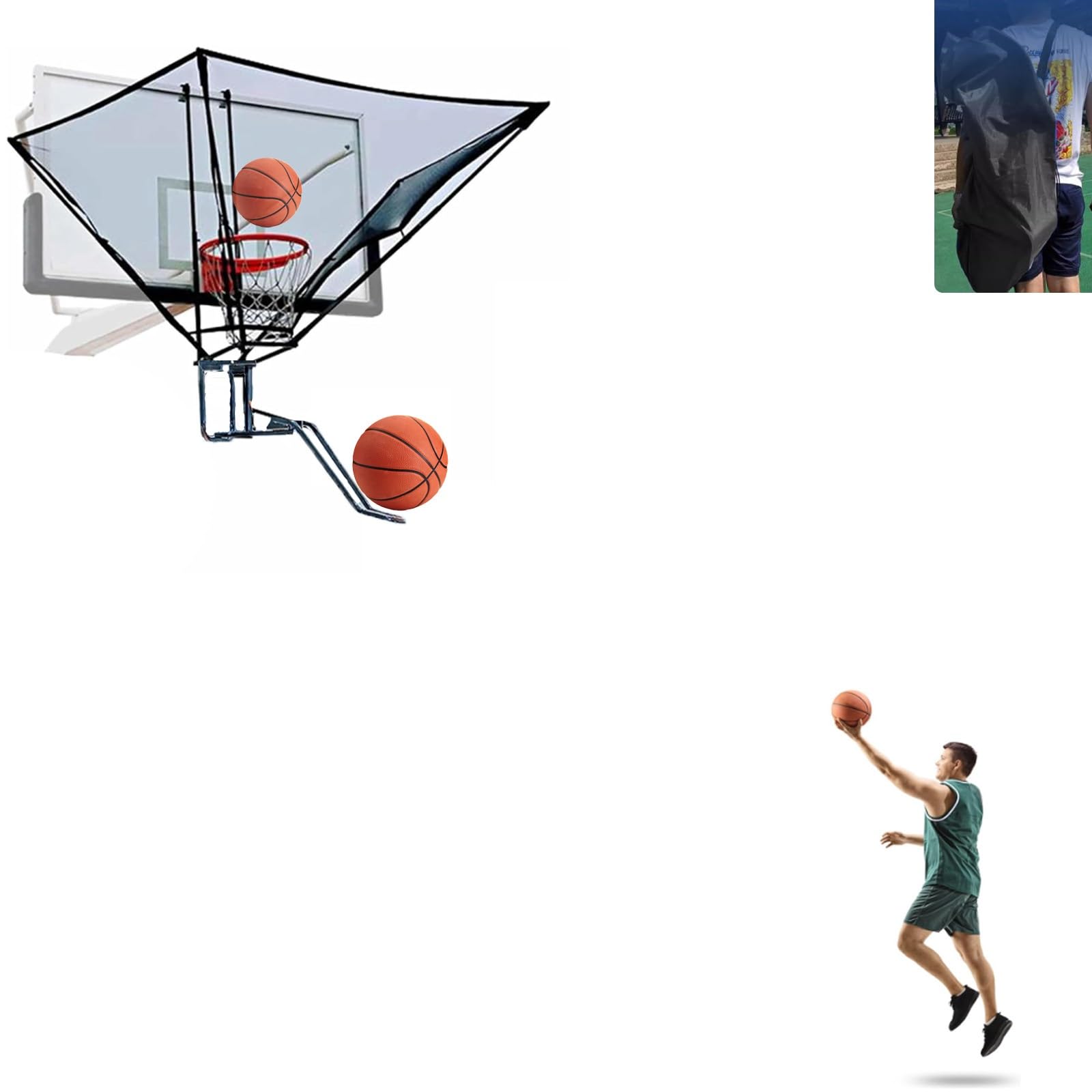 180 Degrees Basketball Return System - Wide Range Hoop Attachment with Backpack | Easy Assembly Rebounder for All Basketball Frames | Perfect for Solo Training, Backyard Practice & Skill Development