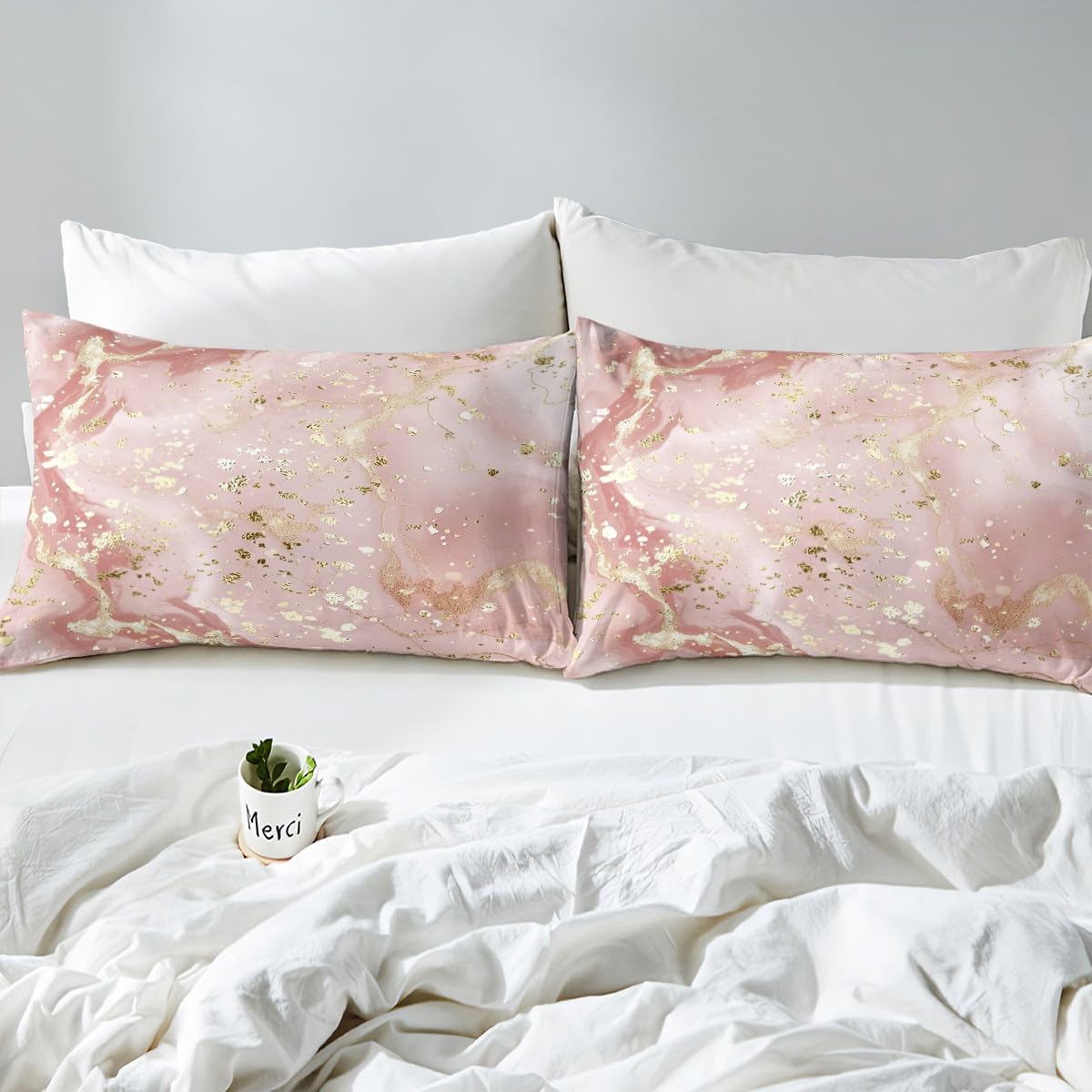 Abstract Marble Texture Pink & Gold Sequins Bed Sheet Set - Twin Size Microfiber Fitted Sheet & Pillowcase (2pc) for Modern Bedroom Decor | Soft Luxury Bedding for Teens, Dorms & Guest Rooms