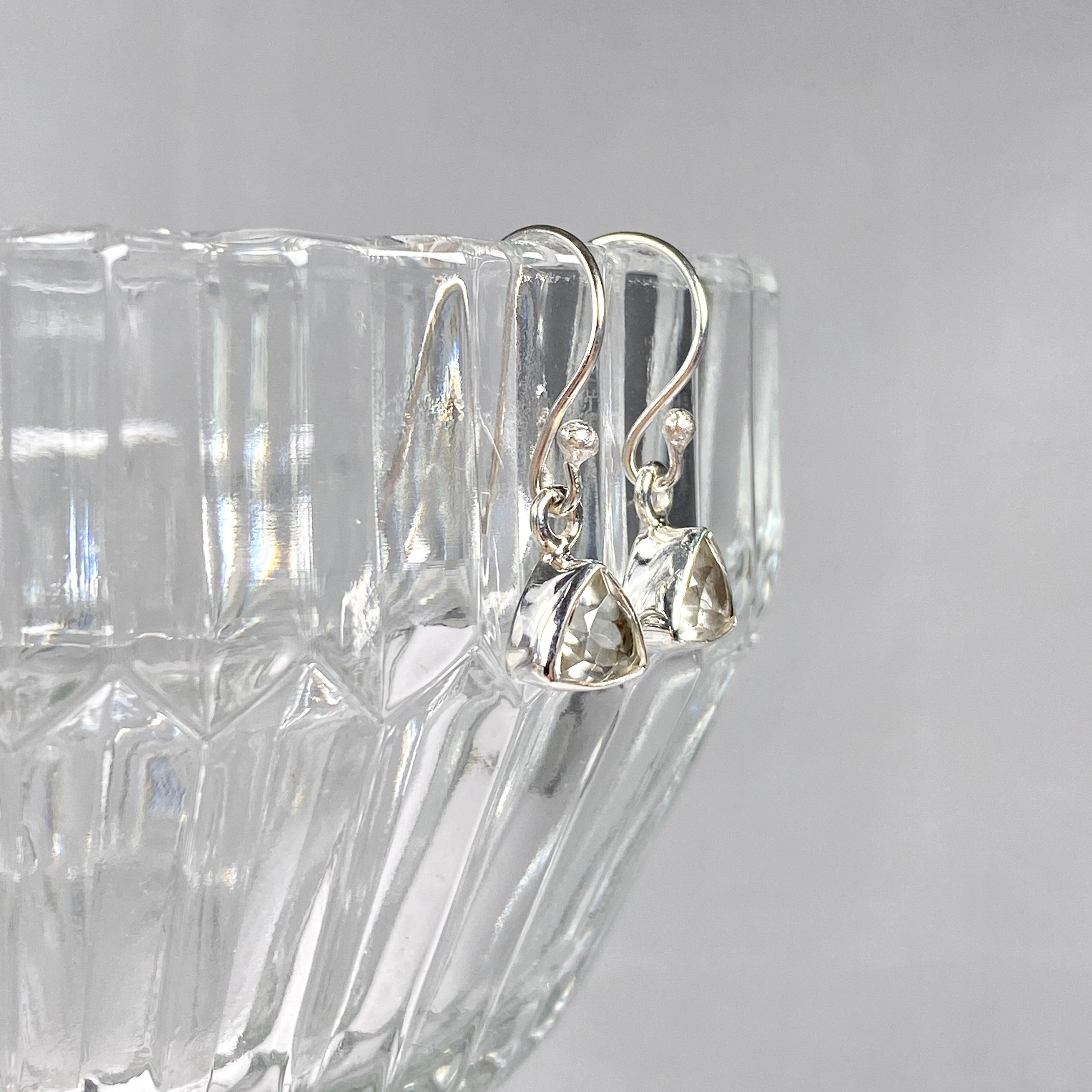 Prasiolite Petite Triangular Faceted Earrings R2363 PRT - Elegant Green Gemstone Jewelry for Women, Perfect for Parties & Special Occasions