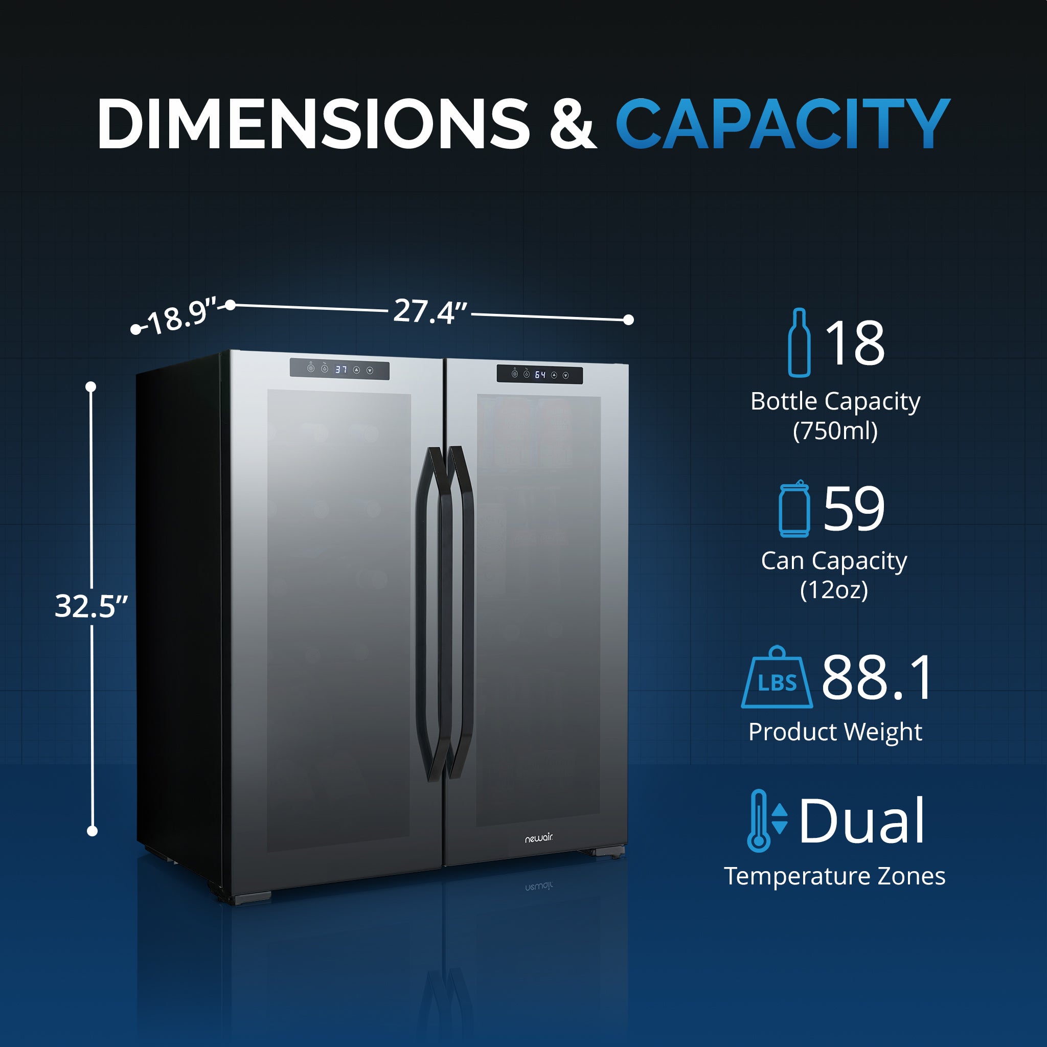 Newair® 59 Can 18 Bottle Dual Zone Beverage Cooler - Freestanding Wine & Beer Fridge for Home, Office or Bar (27.4 Inch) - Perfect for Parties, Entertaining & Beverage Storage