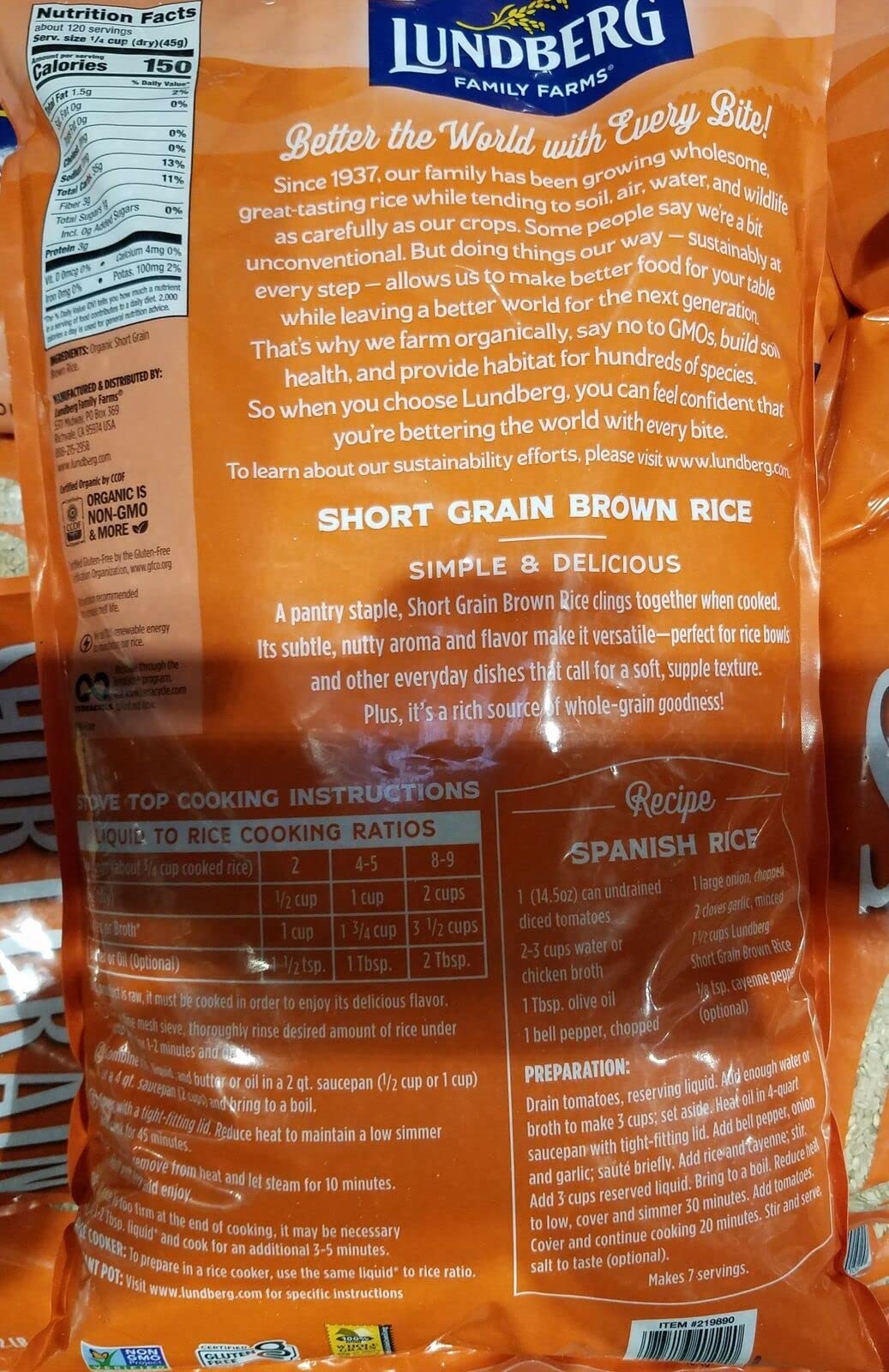 Lundberg Family Farms Organic Short Grain Brown Rice - 12lb Bag | Non-GMO, Gluten-Free, USDA Certified | Perfect for Healthy Meals, Meal Prep & Vegan Recipes