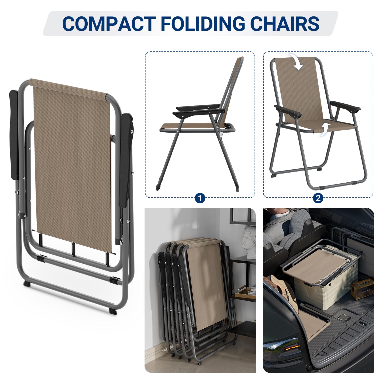 UDPATIO 4-Piece Folding Patio Dining Chair Set - Lightweight Steel Frame & Weatherproof Textilene Fabric - Compact Folding Design (5.7lbs Each, 220lb Capacity) - Perfect for Outdoor Dining, Poolside Lounging & Backyard Relaxation - Brown