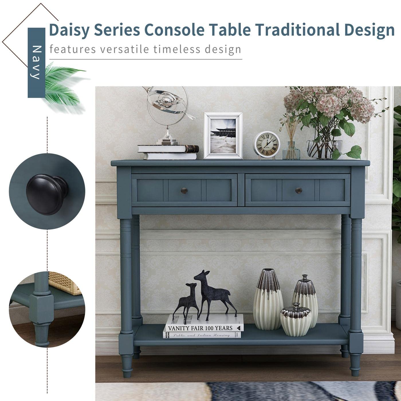 JINS&VICO Navy Blue Console Table with 2 Drawers & Bottom Shelf - Entryway Sofa Table, Sideboard for Living Room, Dining Room - Perfect for Hallway Storage & Home Decor