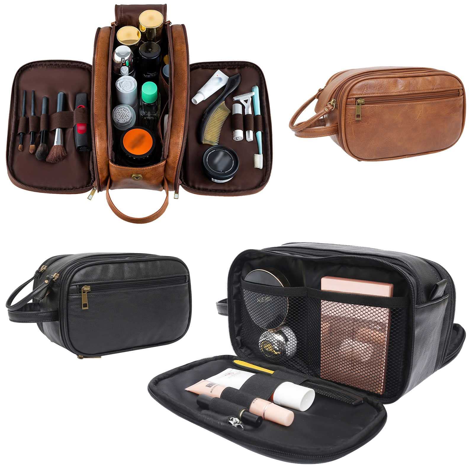 2-Piece Men's Travel Toiletry Bag - Waterproof PU Leather Shaving Dopp Kit & Bathroom Organizer - Perfect for Business Trips, Gym, Camping & Vacation Essentials Storage