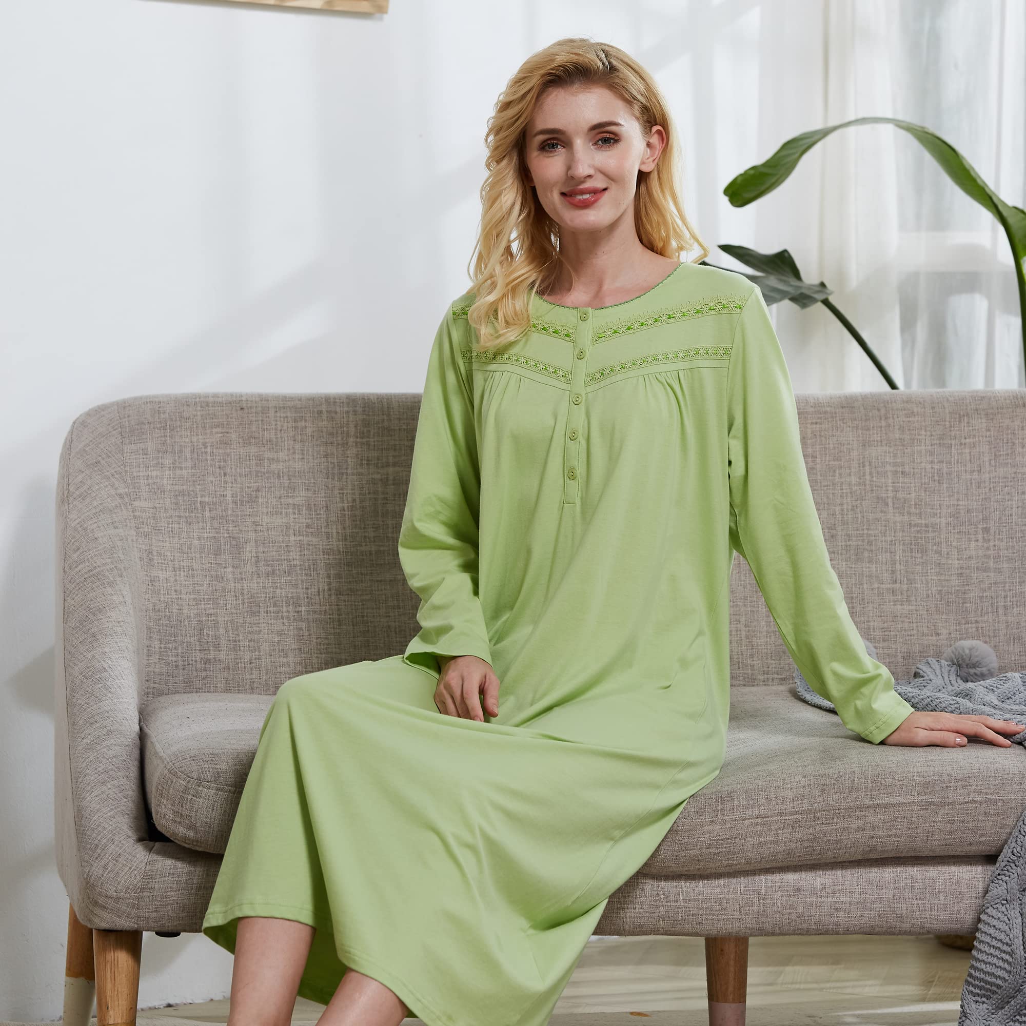 Keyocean Women's Soft Cotton Long Sleeve Nightgown - Comfortable Lightweight Sleepwear for Lounge & Bedtime - Perfect for Relaxing at Home or Overnight Travel