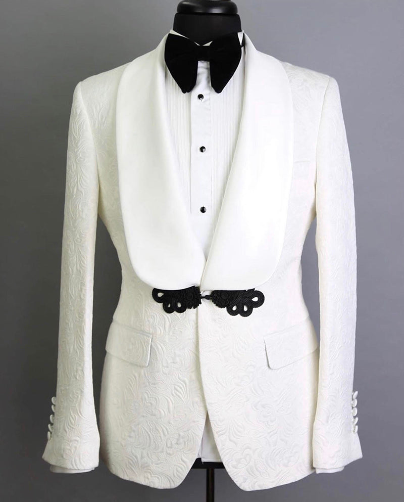 Custom Shawl Lapel Ivory Jacquard Wedding Tuxedo Suit for Groom - 2 Piece Set (Jacket & Pants) | Perfect for Formal Weddings, Prom Nights & Black Tie Events