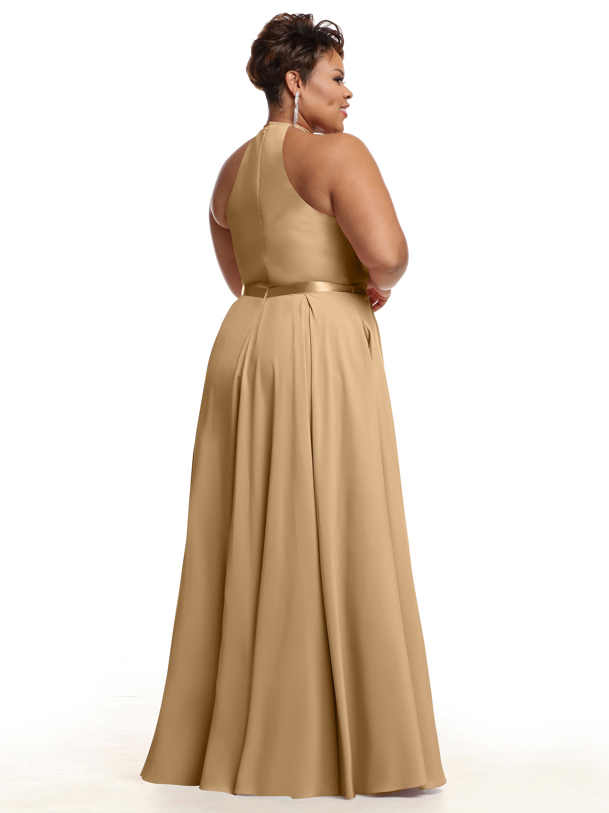 Elegant A-Line Stretch Chiffon Bridesmaid Dress with Halter Neckline & Adjustable Waist Belt - Perfect for Weddings, Formal Events & Special Occasions