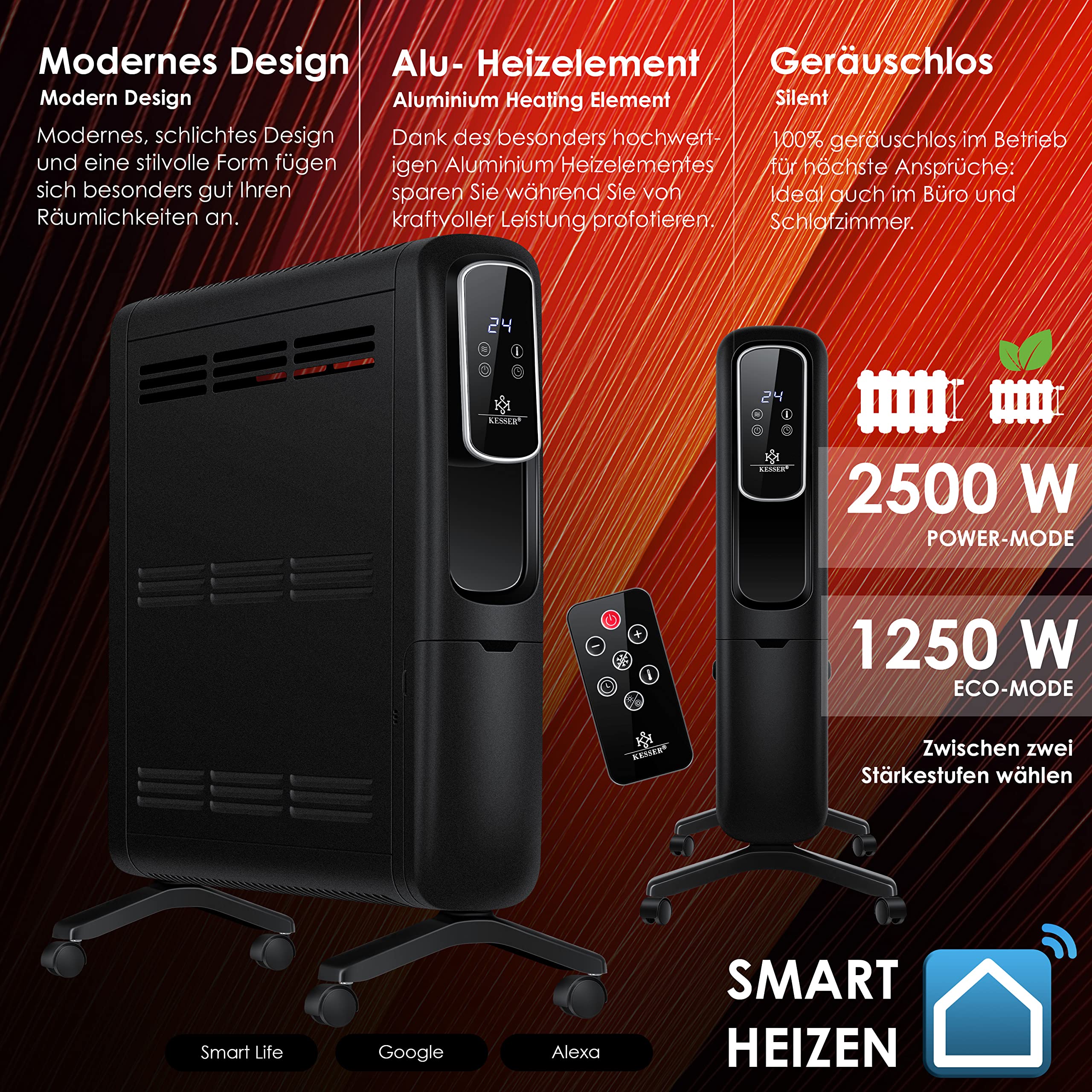 KESSER® ECO 2500W Electric Convector Heater - Energy Efficient Space Heater with WiFi App Control, Remote & Touchscreen Display, 24H Timer & Thermostat - Perfect for Bedroom, Office & Home Use