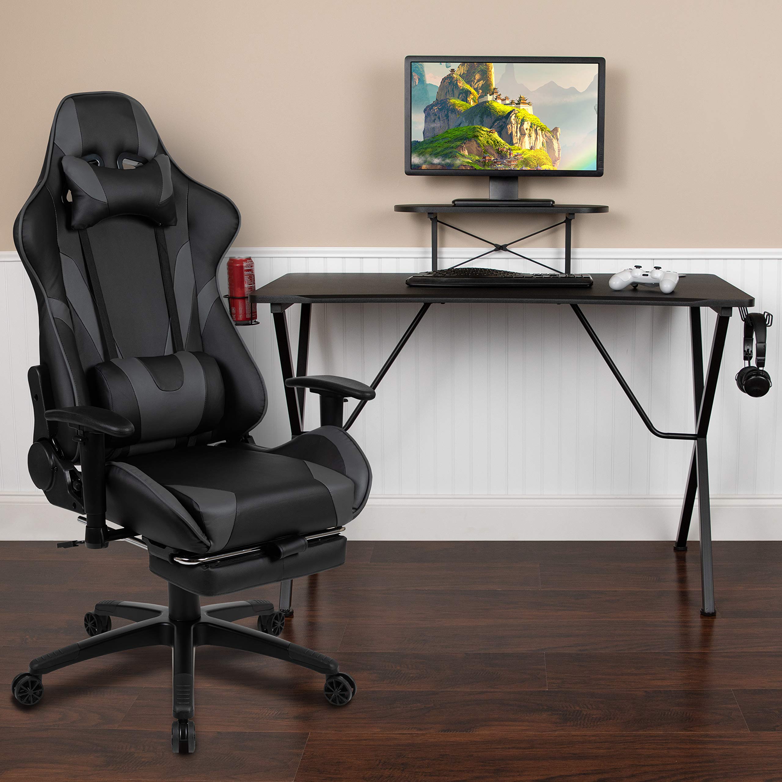 Black Gaming Desk with Cup Holder, Headphone Hook, Monitor Stand & Smartphone Stand - Gray Reclining Gaming Chair with Footrest - Perfect for PC Gaming Setup, Streaming & Home Office