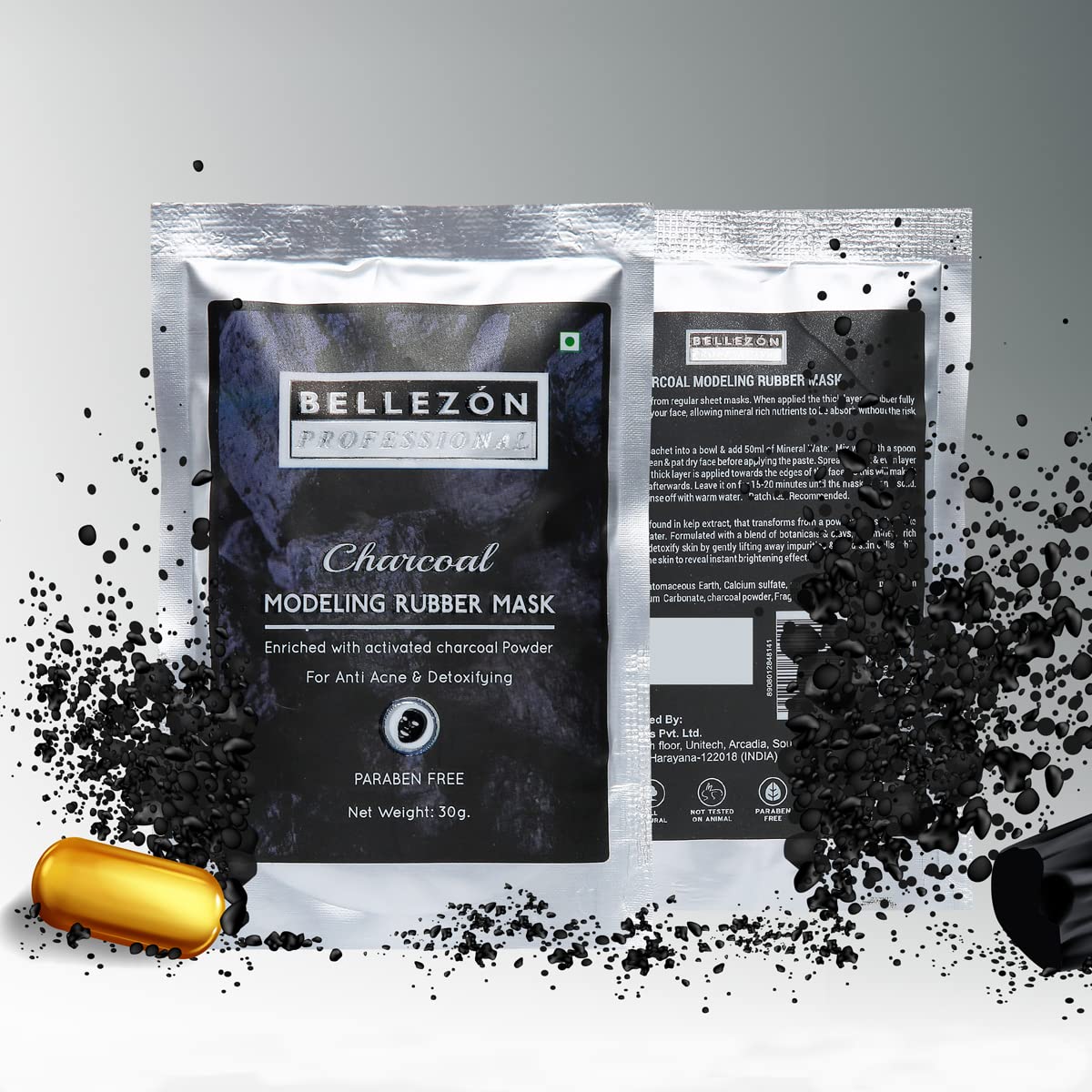 Bellezon Professional Charcoal Modeling Rubber Mask 2 Pack | Activated Charcoal Face Mask for Acne & Detox | Paraben-Free, All Skin Types | Spa Day & Self-Care Essential