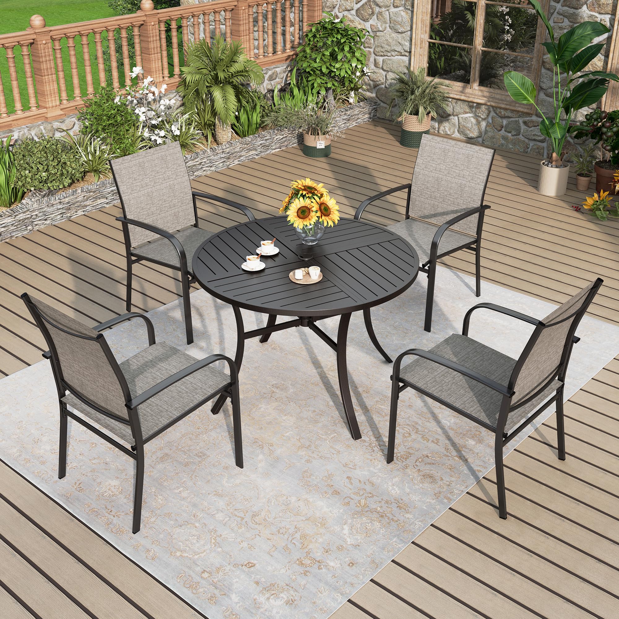 5-Piece Outdoor Dining Set - Round Metal Patio Table & 4 Brown Chairs for 4 People - Perfect for Deck, Garden, Backyard, Lawn & Poolside Gatherings