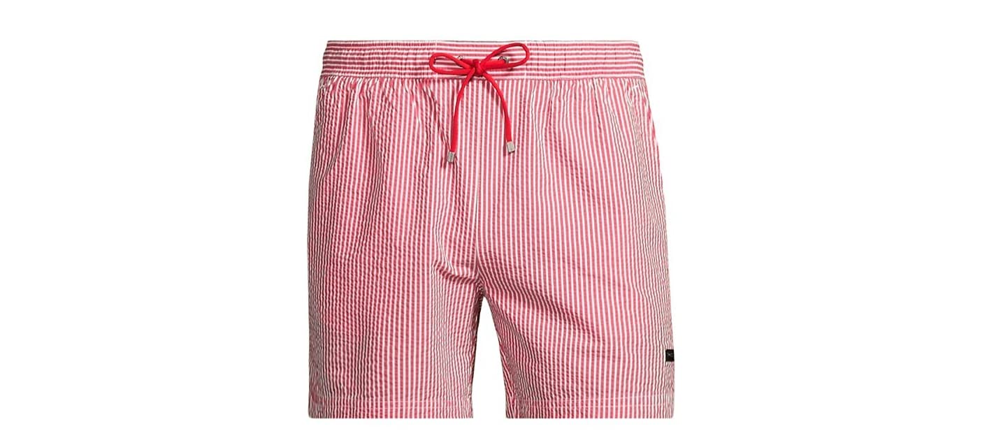 Hugo Boss Men's Velvetfish Seersucker Swim Shorts - Red & White Striped Quick-Dry Beach Shorts for Swimming, Vacation, and Summer Outdoor Activities