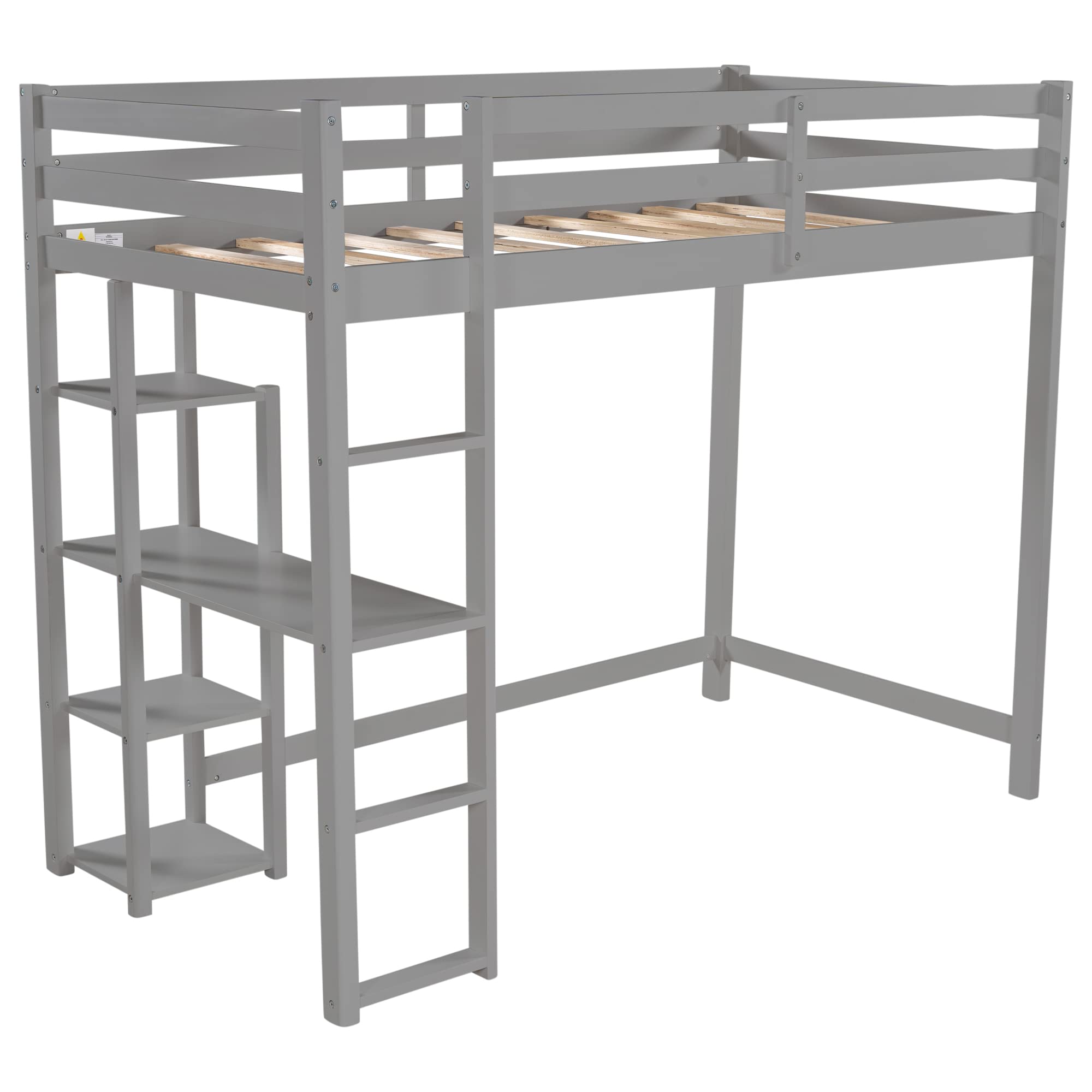 RUNNA Twin Size Loft Bed with Storage Shelves & Under-Bed Desk - Sturdy Wood Loft Bed Frame with Full-Length Guardrail & Built-in Ladder - Space-Saving Kids/Teens/Adults Bedroom Furniture (Gray) - Perfect for Small Rooms, Dorms & Apartments