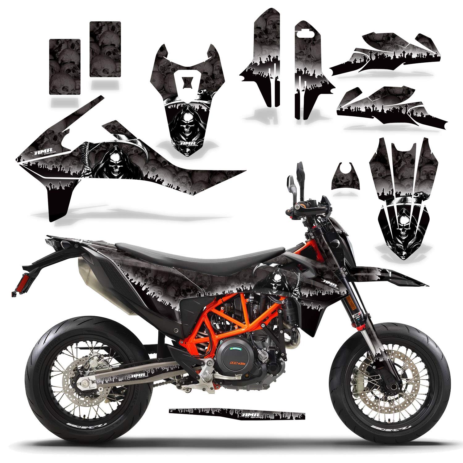 AMR Racing MX Dirt Bike Graphics Kit - Sticker Decal & Number Plates for KTM 690 SMC-R (2019-2020) | Reaper Black Design | Motocross & Off-Road Racing Accessories