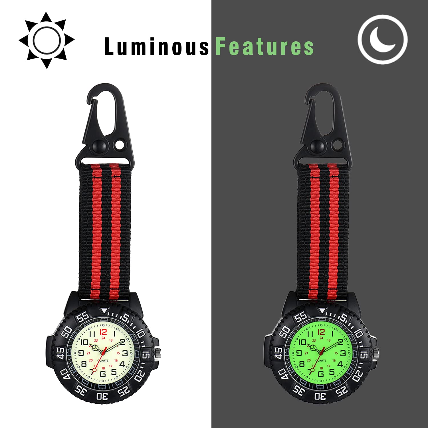 JewelryWe Clip-On Pocket Watch for Men & Women - Luminous Dial, Belt Watch Fob - Perfect for Climbing, Hiking, Doctors, Nurses & Outdoor Activities