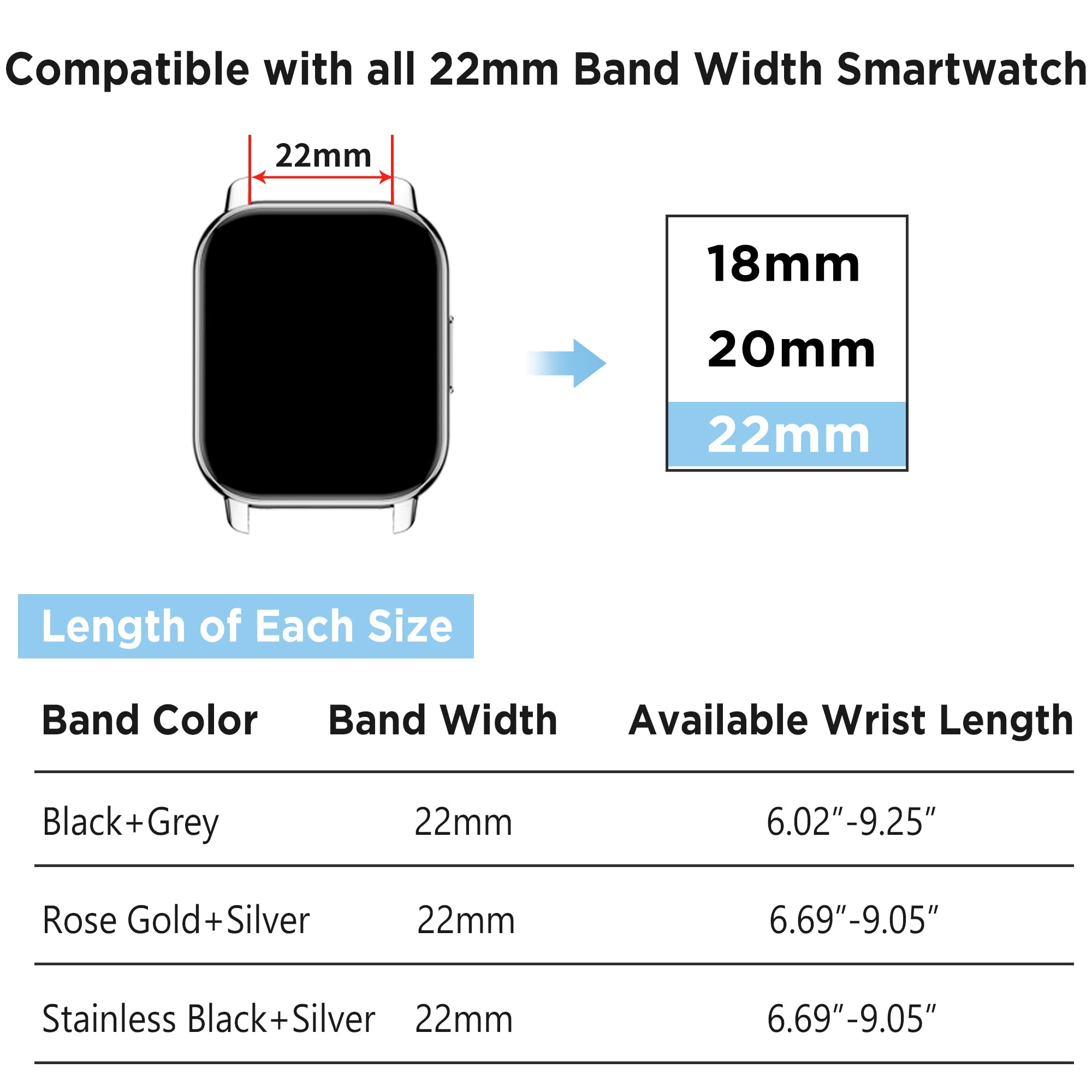 Popglory 22mm Smart Watch Bands - Adjustable Replacement Straps for Men & Women | Fitness & Daily Wear