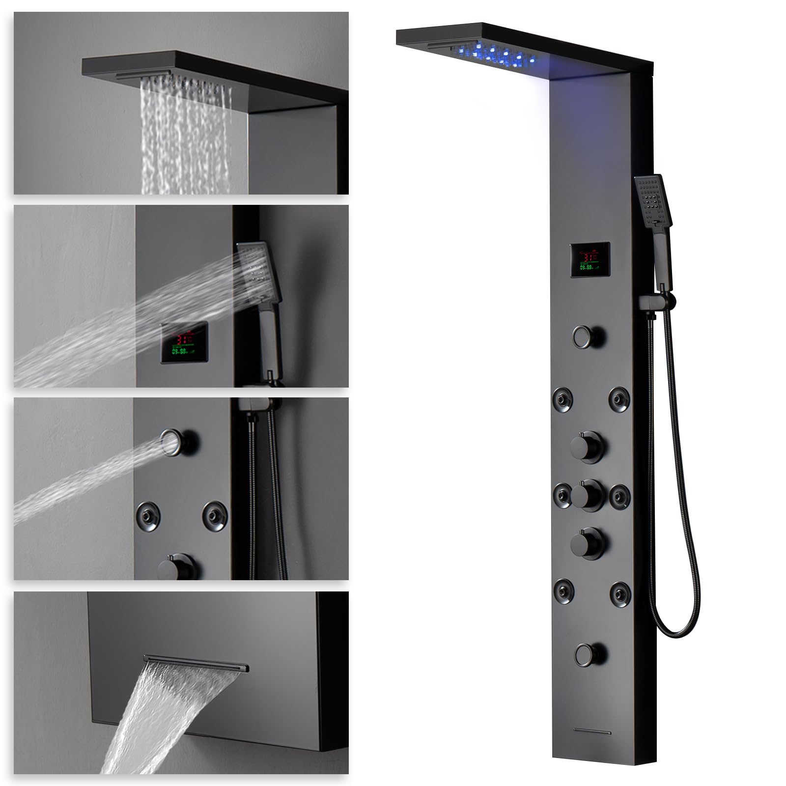 Black LED Shower Panel with Temperature Display - 304 Stainless Steel Shower Tower System, Rainfall Shower Head & Handheld Massage Jets for Modern Bathroom | Perfect for Spa-Like Experience, Wall Mount Waterfall Design for Bathtub or Standing Shower