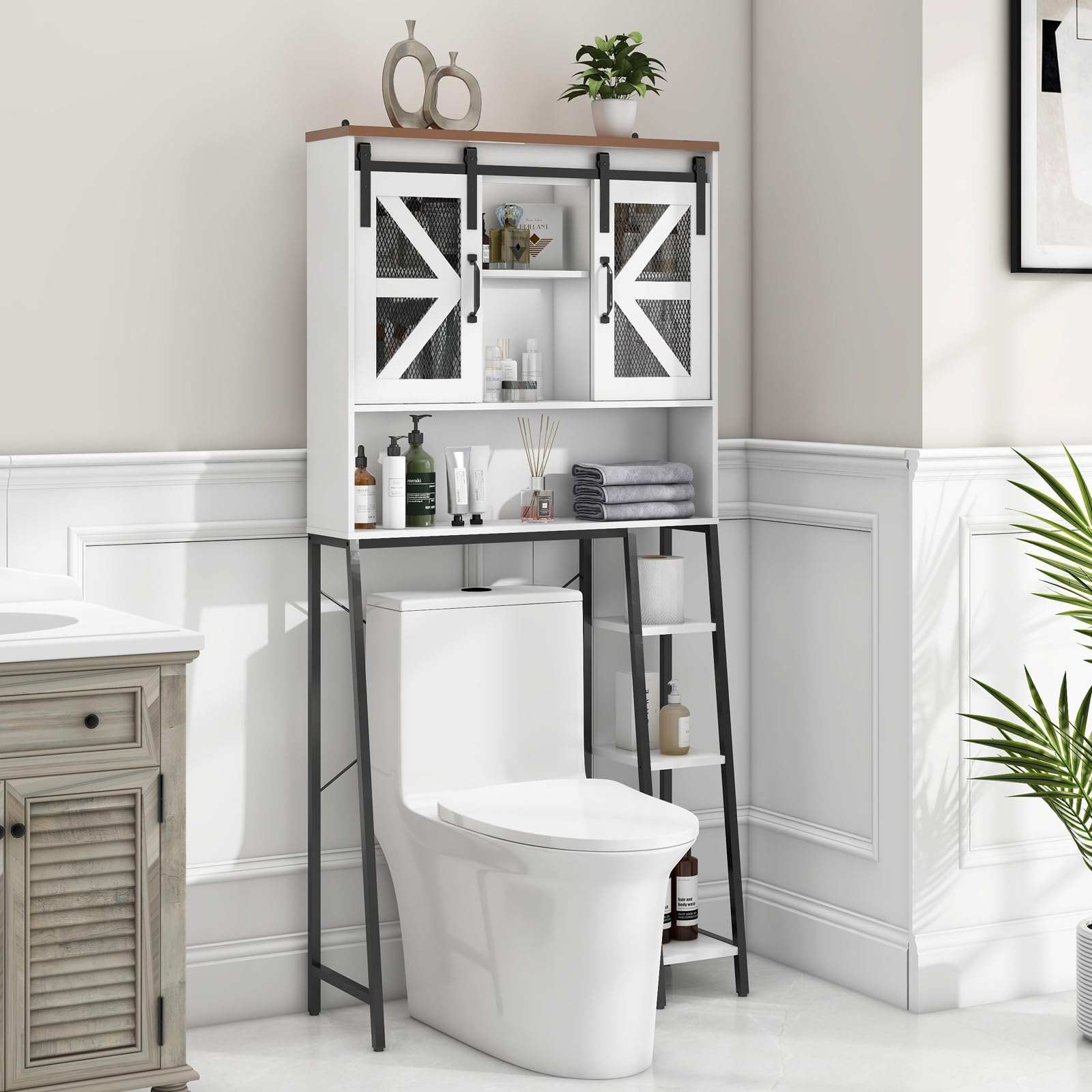 Farmhouse Over The Toilet Storage Cabinet with Sliding Barn Door - Space Saving Bathroom Organizer for Toiletries, Towels & Laundry - Perfect for Small Bathrooms, Restrooms & Powder Rooms