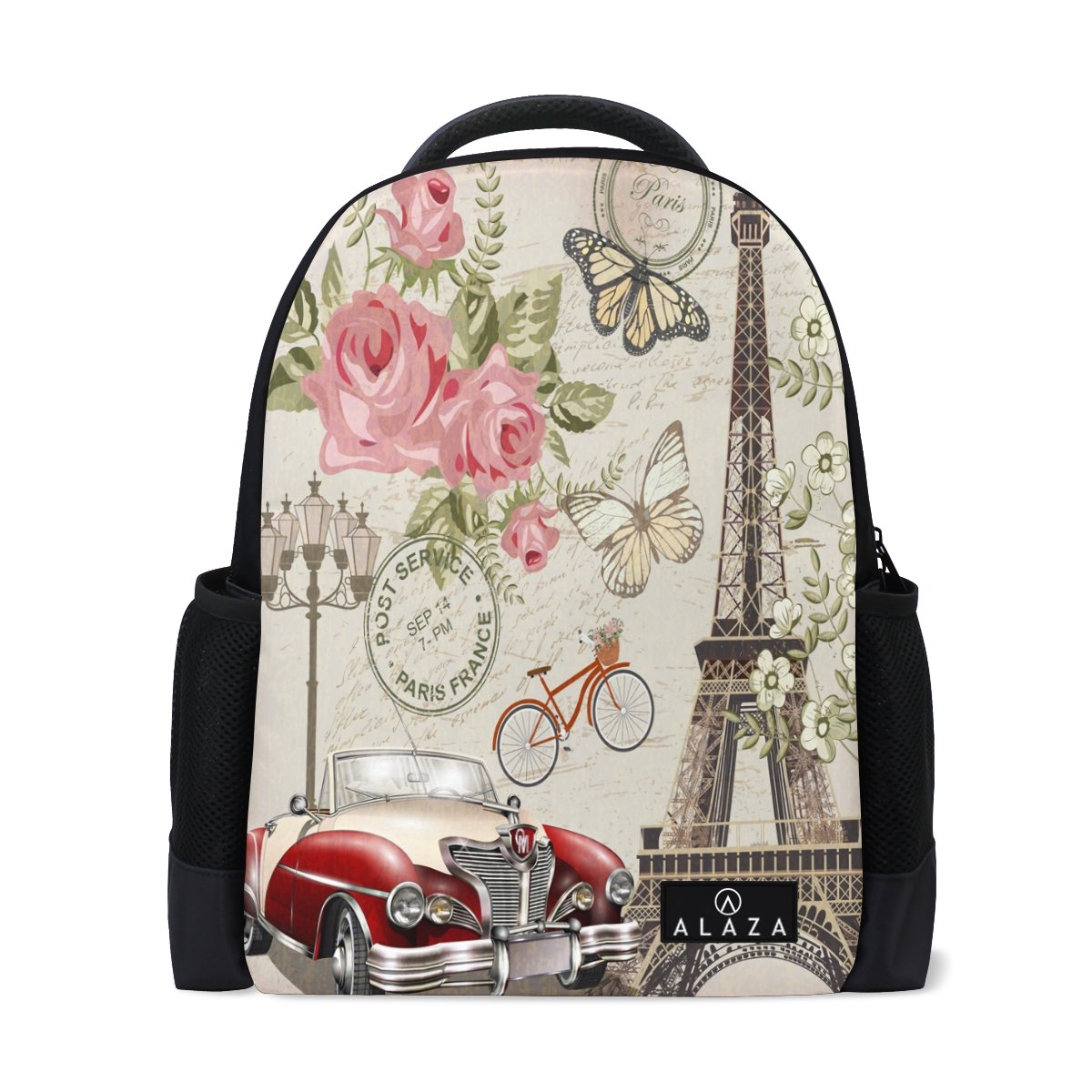 Paris Eiffel Tower Butterfly Rose Floral Polyester Backpack - Stylish School Bag & Travel Backpack for Women & Teens, Perfect for College, Commuting & Sightseeing