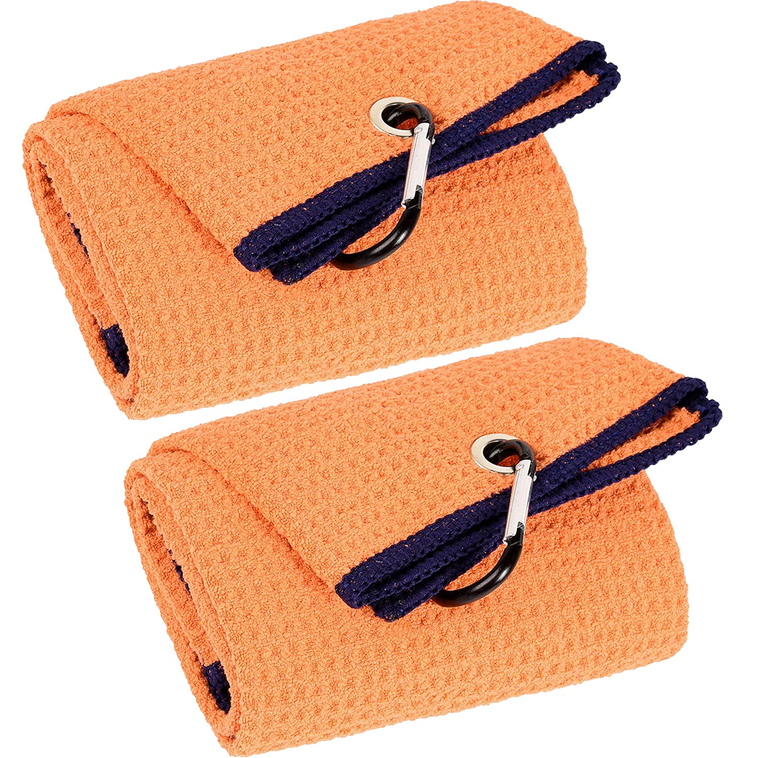 **VIVIDLY 2 Pack Premium Microfiber Golf Towels - Tri-Fold Waffle Pattern with Heavy Duty Carabiner Clip, Orange Golf Accessories for Men - Perfect for Golf Bags, Clubs & On-Course Use**