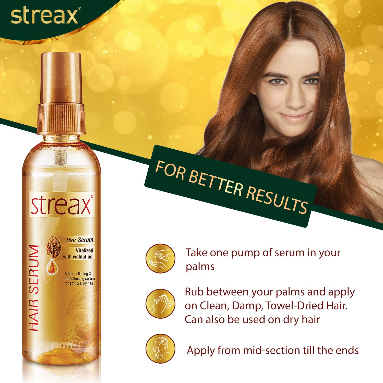 Streax Glossy Serum Shampoo & Conditioner Set with Walnut Hair Serum - 3 Step Hair Care System for Long-Lasting Shine & Smoothness - Perfect for Dry, Damaged Hair & Daily Frizz Control