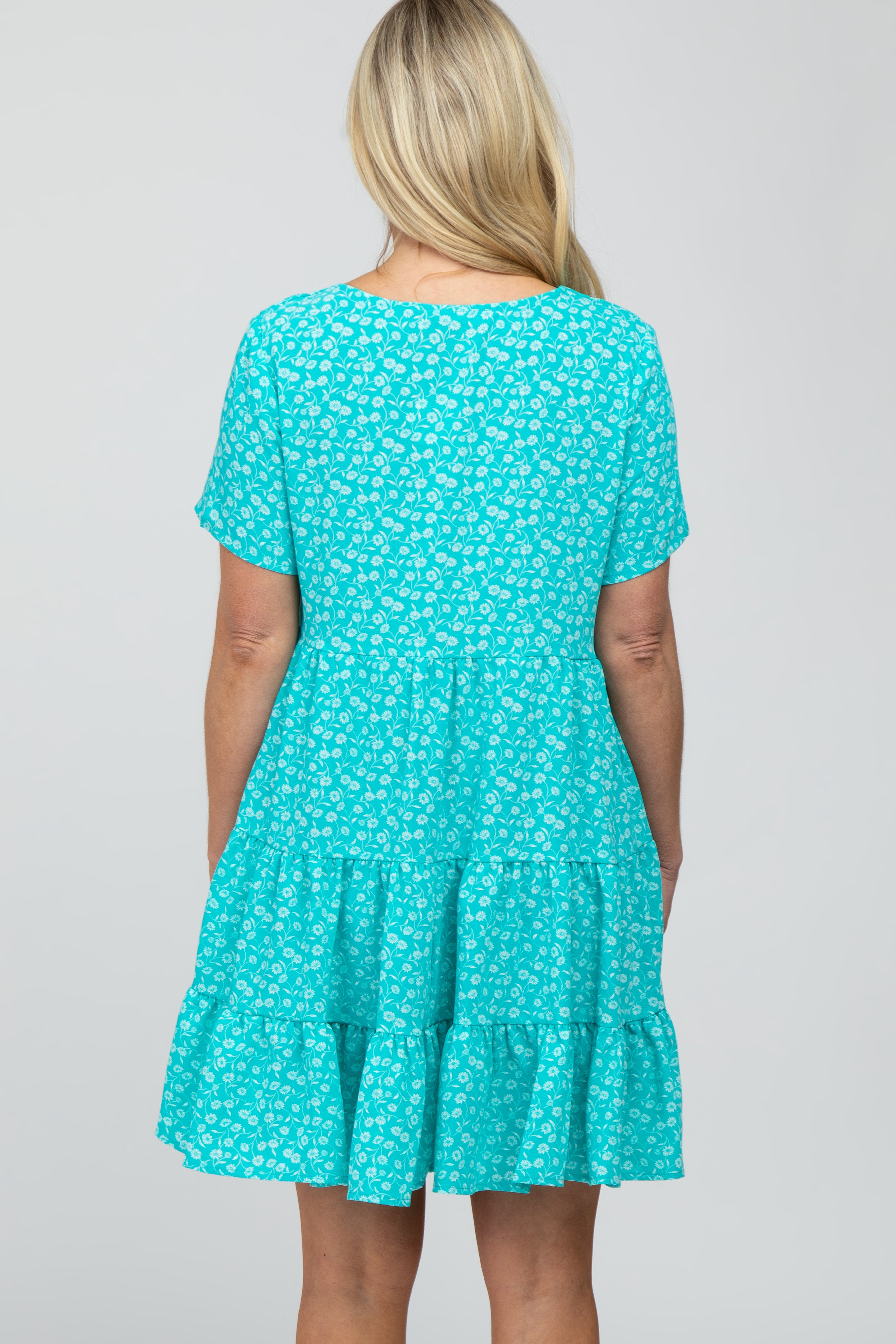 Aqua Floral Button Front Tiered Maternity Dress - Comfortable & Stylish Pregnancy Outfit for Baby Shower, Maternity Photos & Everyday Wear