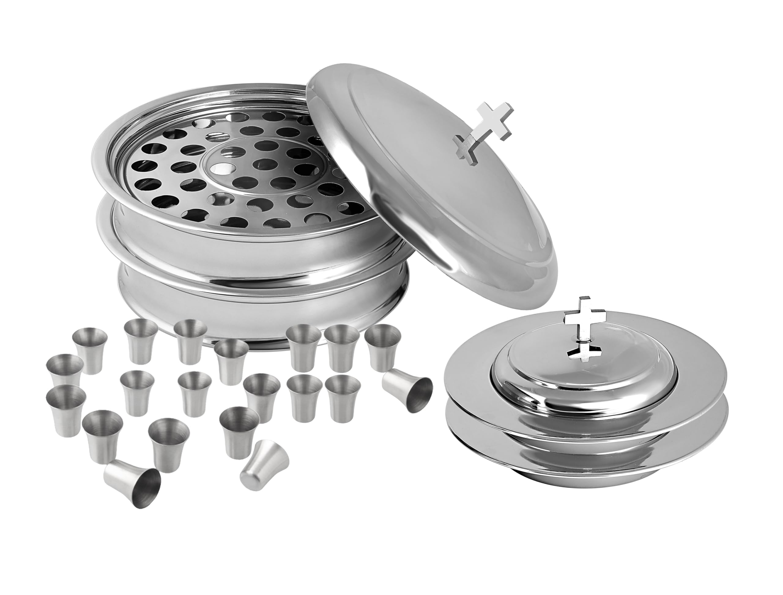 Stackable Communion Ware Set - 2 Stainless Steel Communion Trays with Covers & 2 Bread Plates with Covers, Includes 80 Cups | Perfect for Church Services, Weddings & Religious Ceremonies | Durable & Elegant Silver Finish