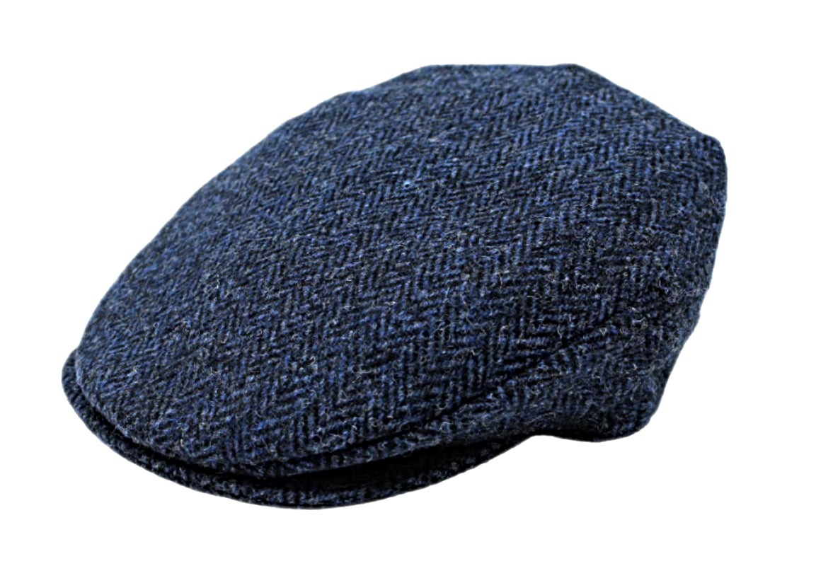 Hanna Hats Donegal Tweed Herringbone Flat Cap for Men - Classic Navy Irish Wool Hat for Casual Wear, Golf, Outdoor Activities & Winter Fashion