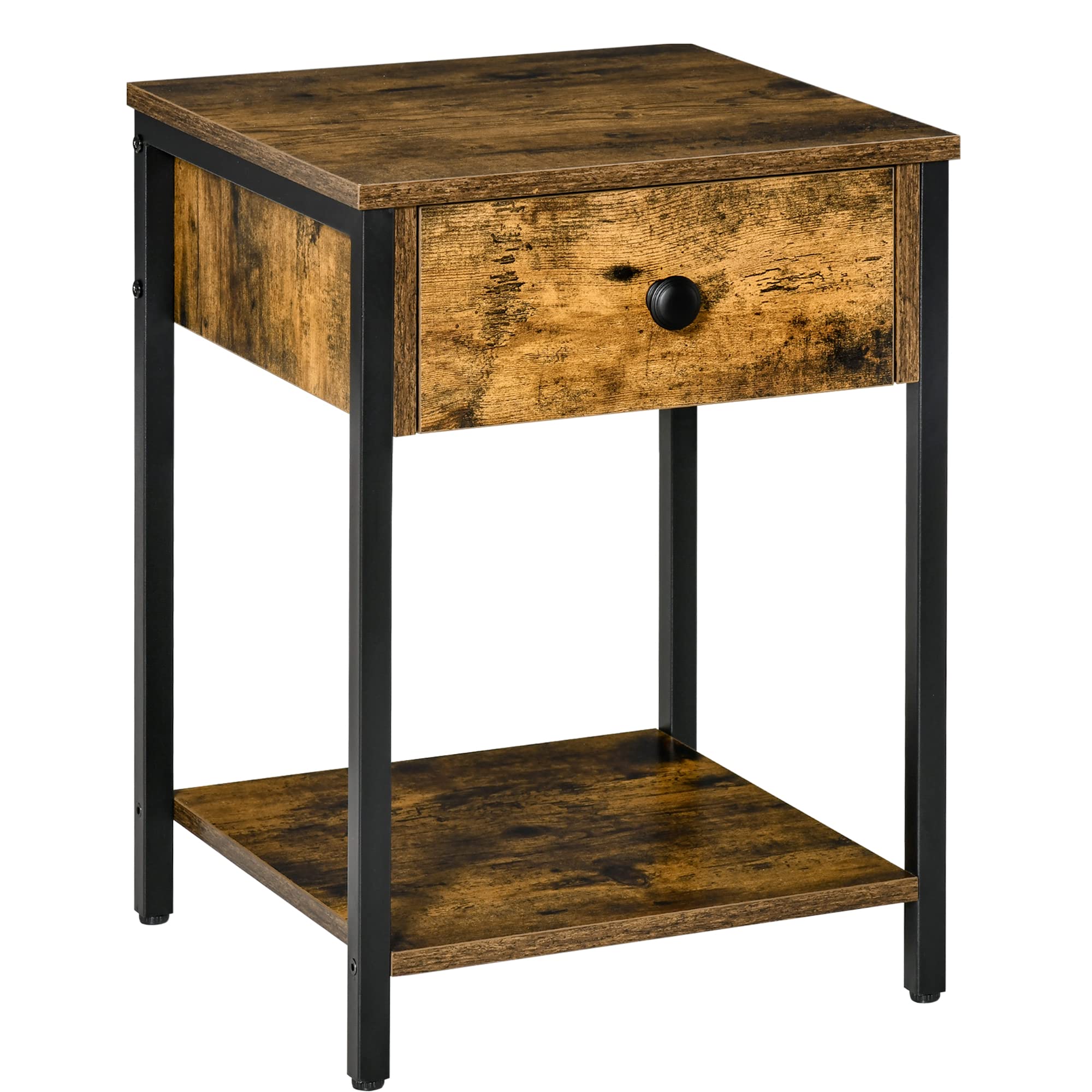 HOMCOM Industrial End Table with Storage Shelf & Drawer - Rustic Brown Accent Side Table for Living Room, Bedroom, Office or Dorm - Perfect for Small Space Organization & Home Decor