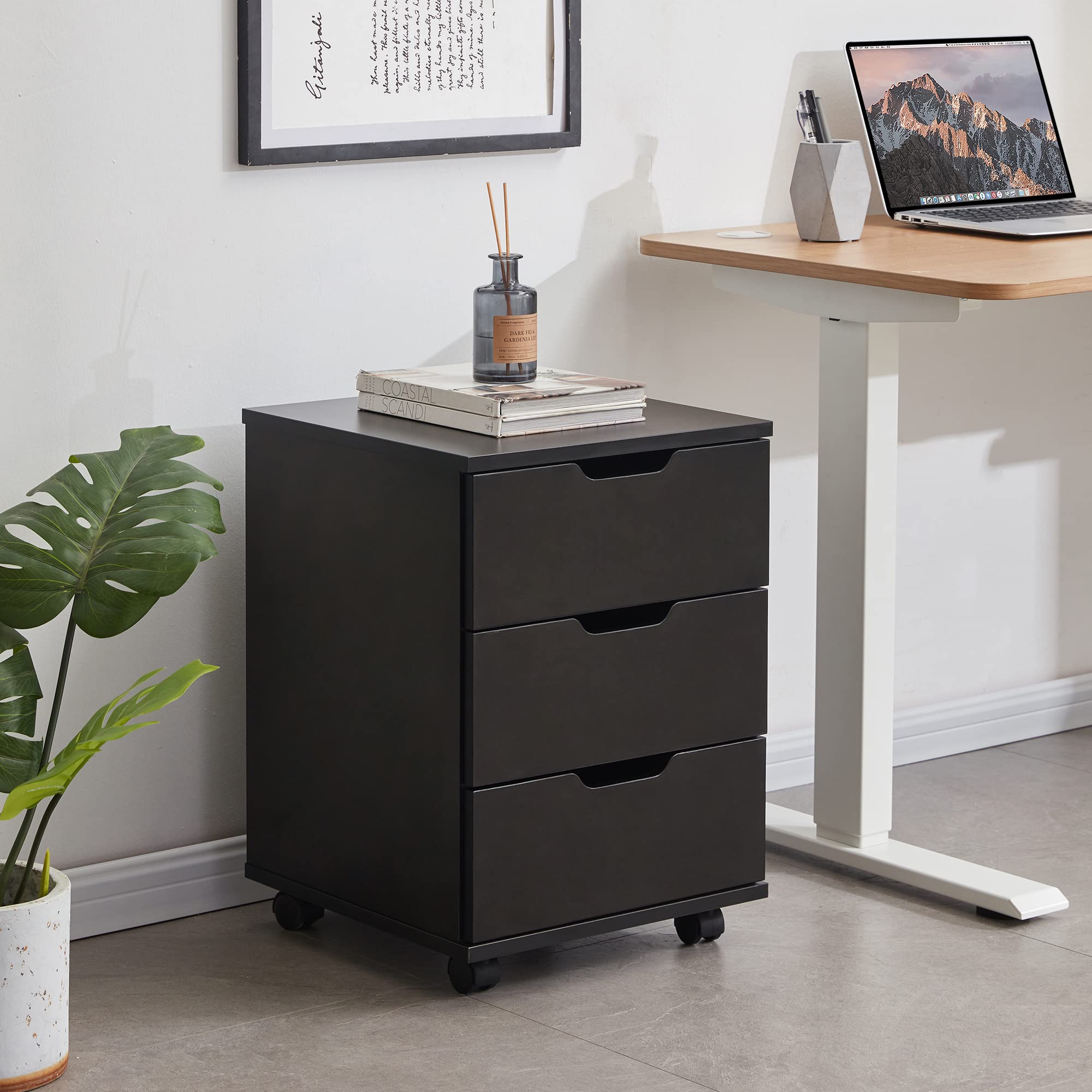 Farini 3-Drawer Vertical Rolling File Cabinet - Wooden Mobile Storage with Casters for Home Office, Under Desk Organization (Black, Non-Assembled) - Perfect for Document Storage & Workspace Organization