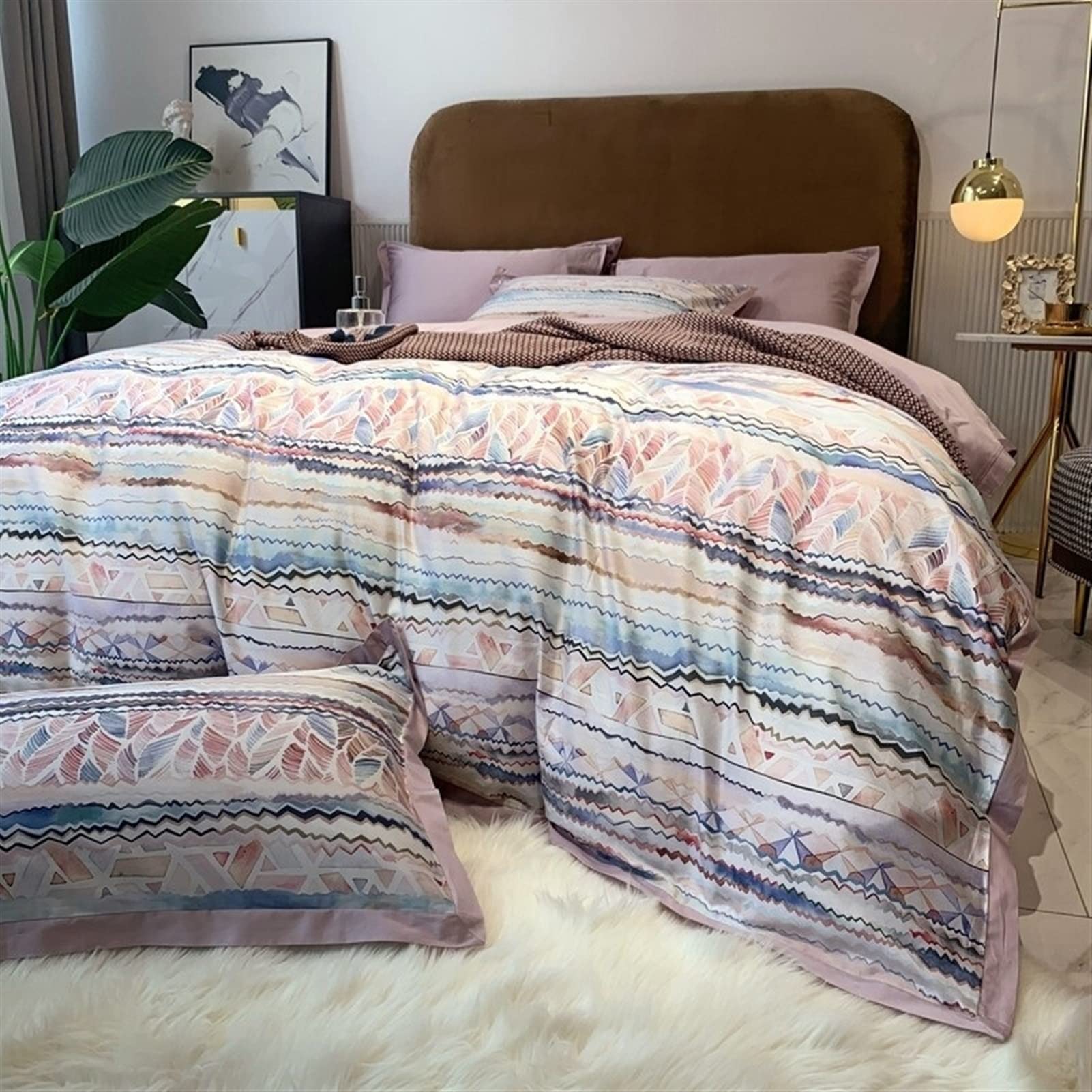TOMYEUS Bohemian Geometric Duvet Cover Set - 4Pcs Luxury Egyptian Cotton Bedding Set (Queen/King Size) with Pillowcases & Flat Sheet | Wrinkle & Fade Resistant | Perfect for Bohemian Bedroom Decor & Guest Room Styling