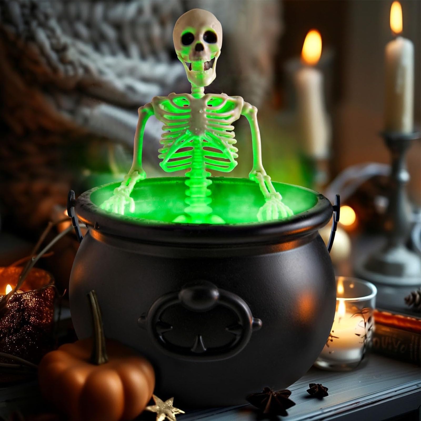 Spooky Halloween Skeleton Witches Cauldron with LED Lights & Mist Maker - Indoor Horror Decor for Halloween Party, Haunted House, and Themed Events